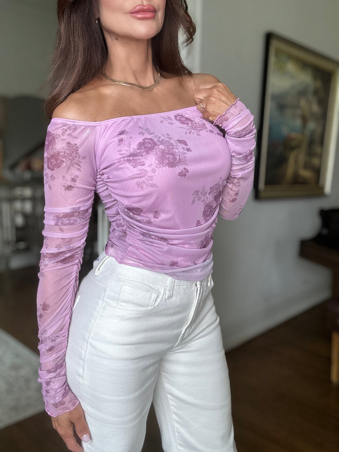 Rose lavender floral print long sleeve mesh top