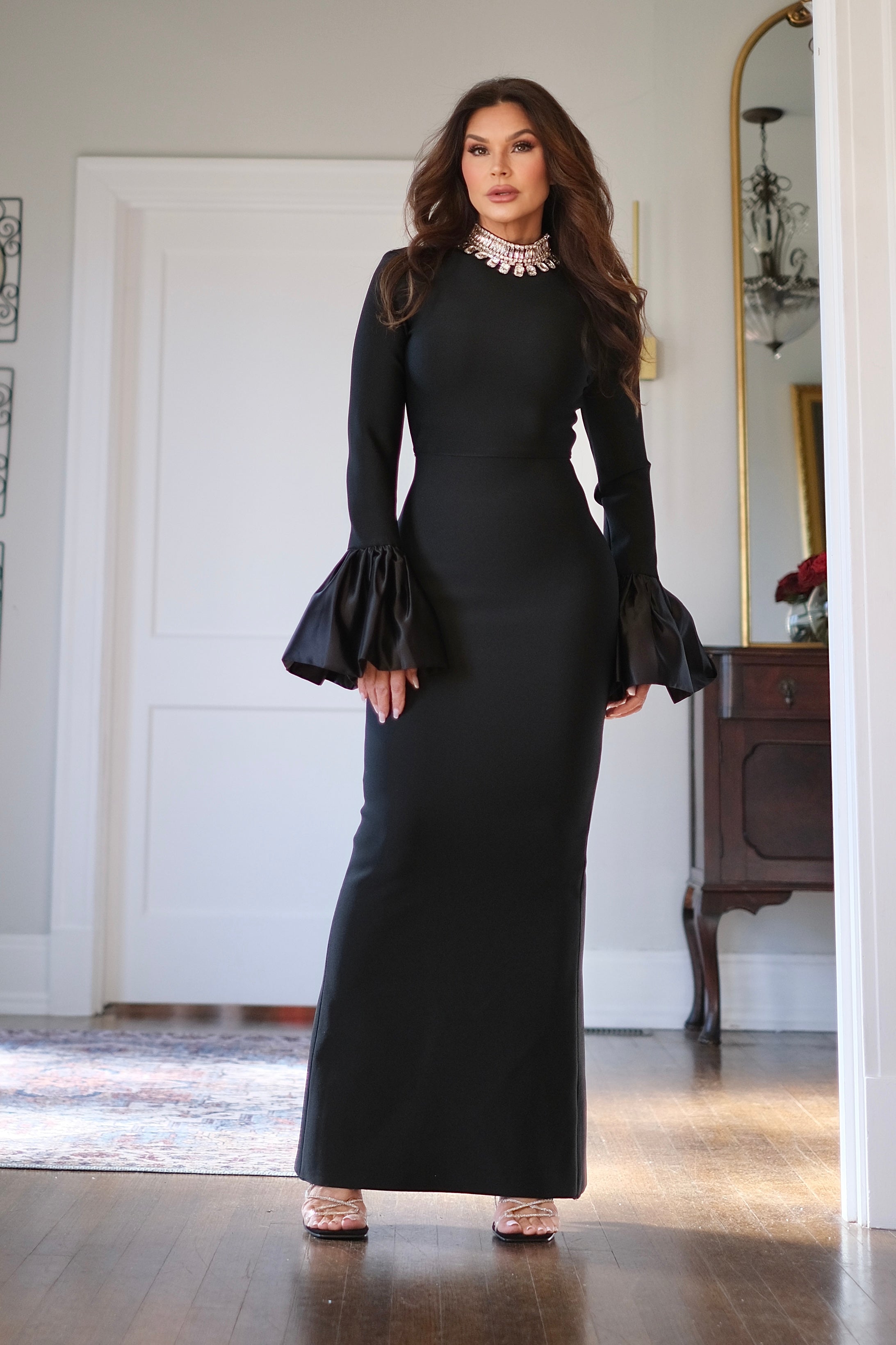 Loni black bandage midi dress with satin sleeve ruffles and crystal detail