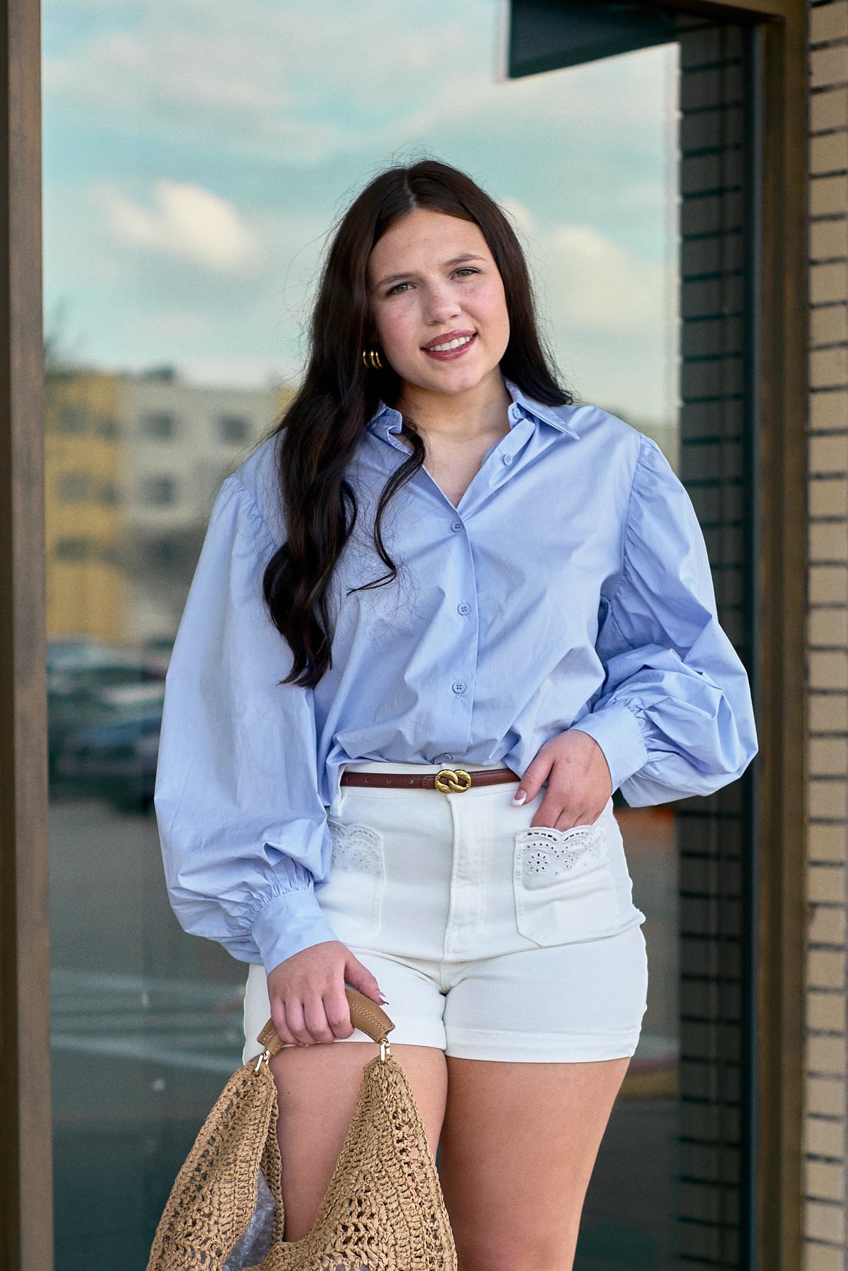 Unice Light Blue Balloon Sleeve Button Up Top