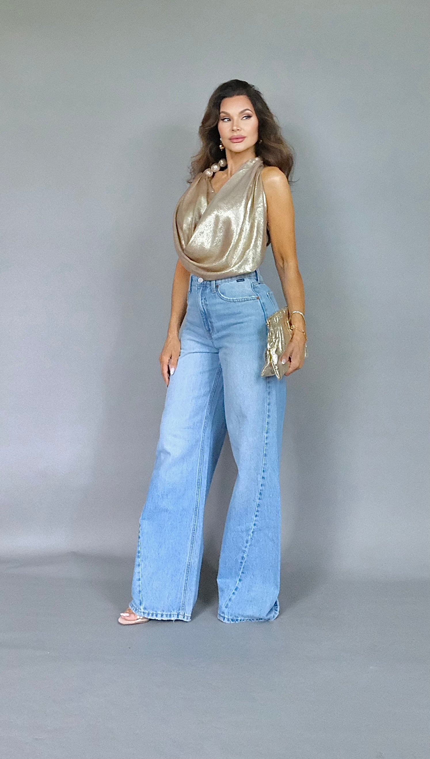 Zena gold halter open back tie blouse