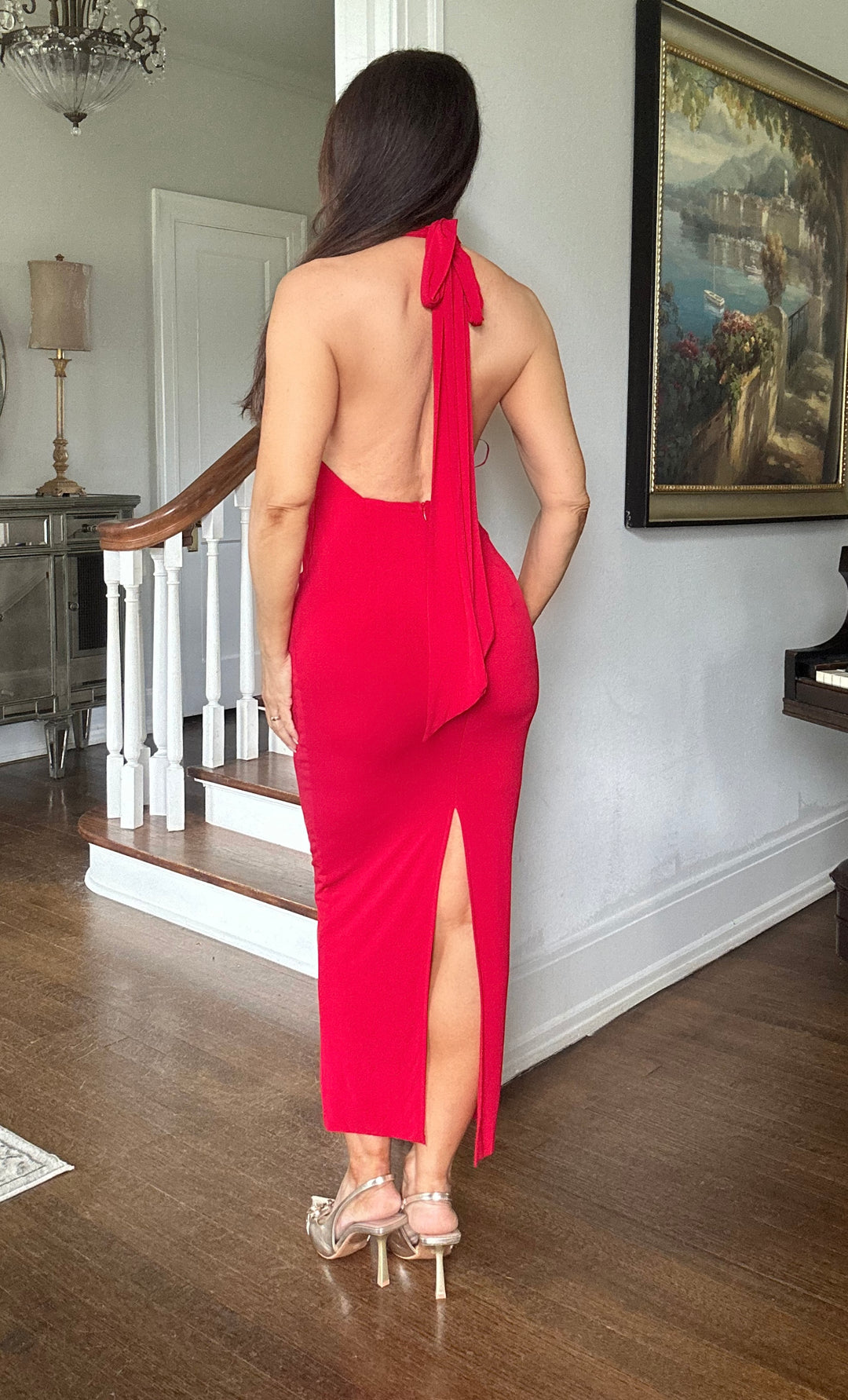 Tara Red open back halter midi dress with back slit