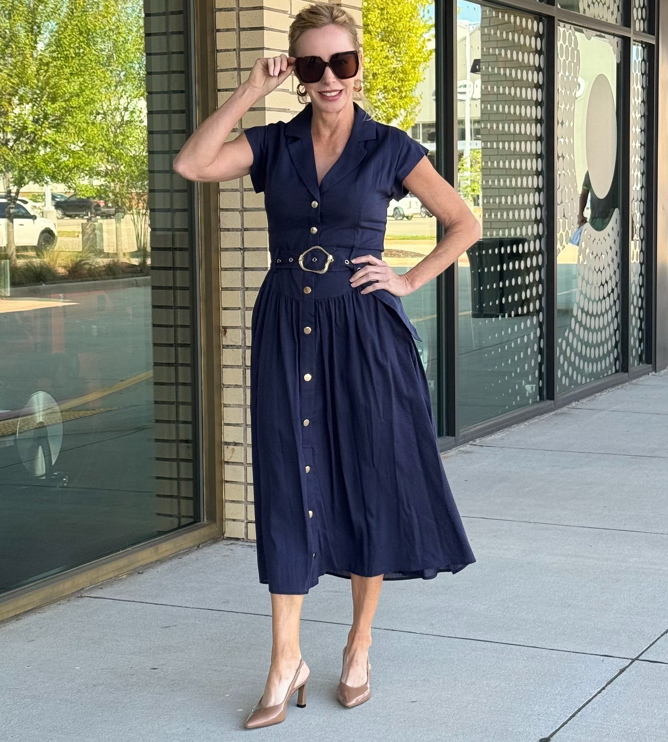 Amelia Dark Navy Cap Sleeve Drop Waist Gold Front Snaps Midi Dress With Belt