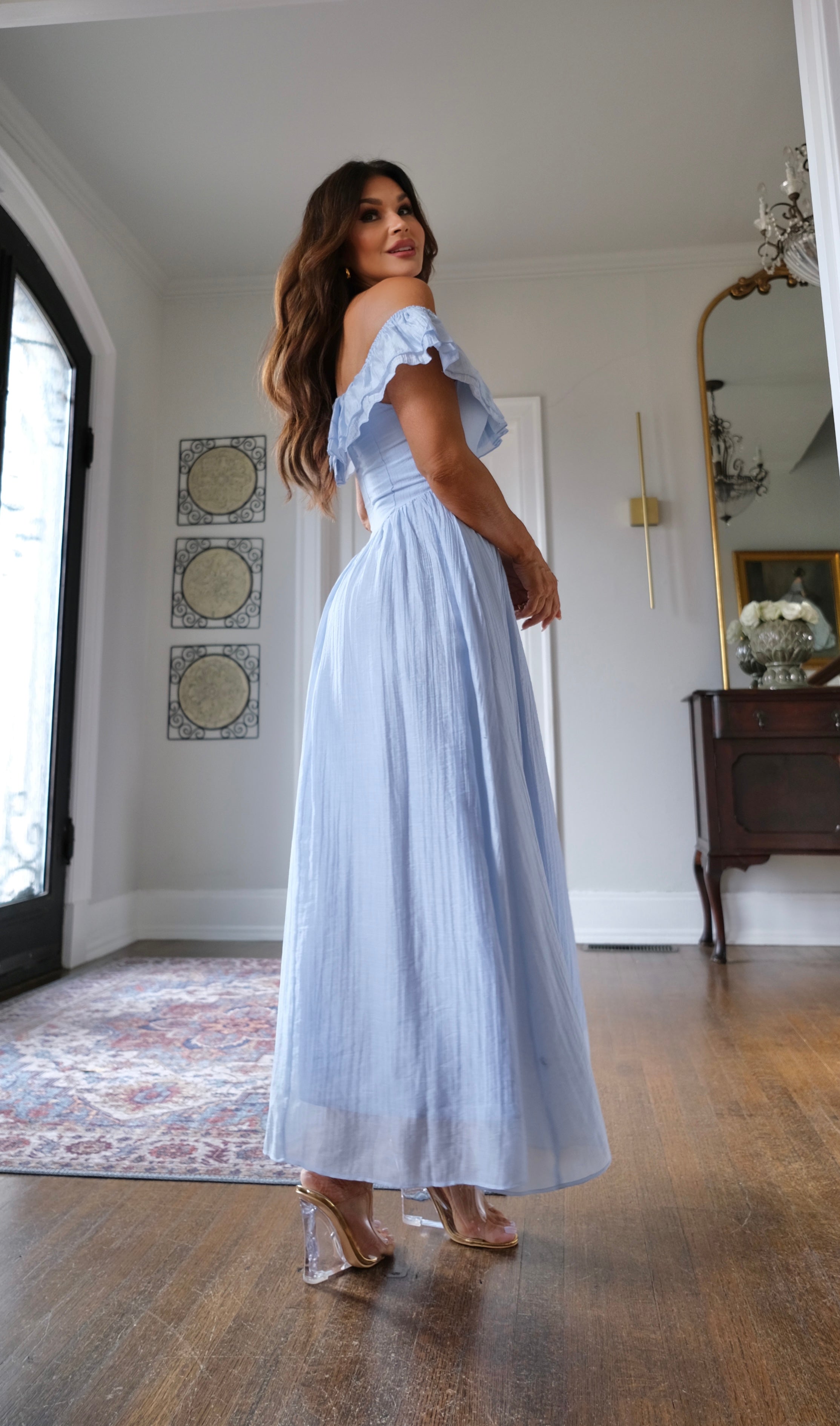 Alexis light blue textured flowy off the shoulder midi dress