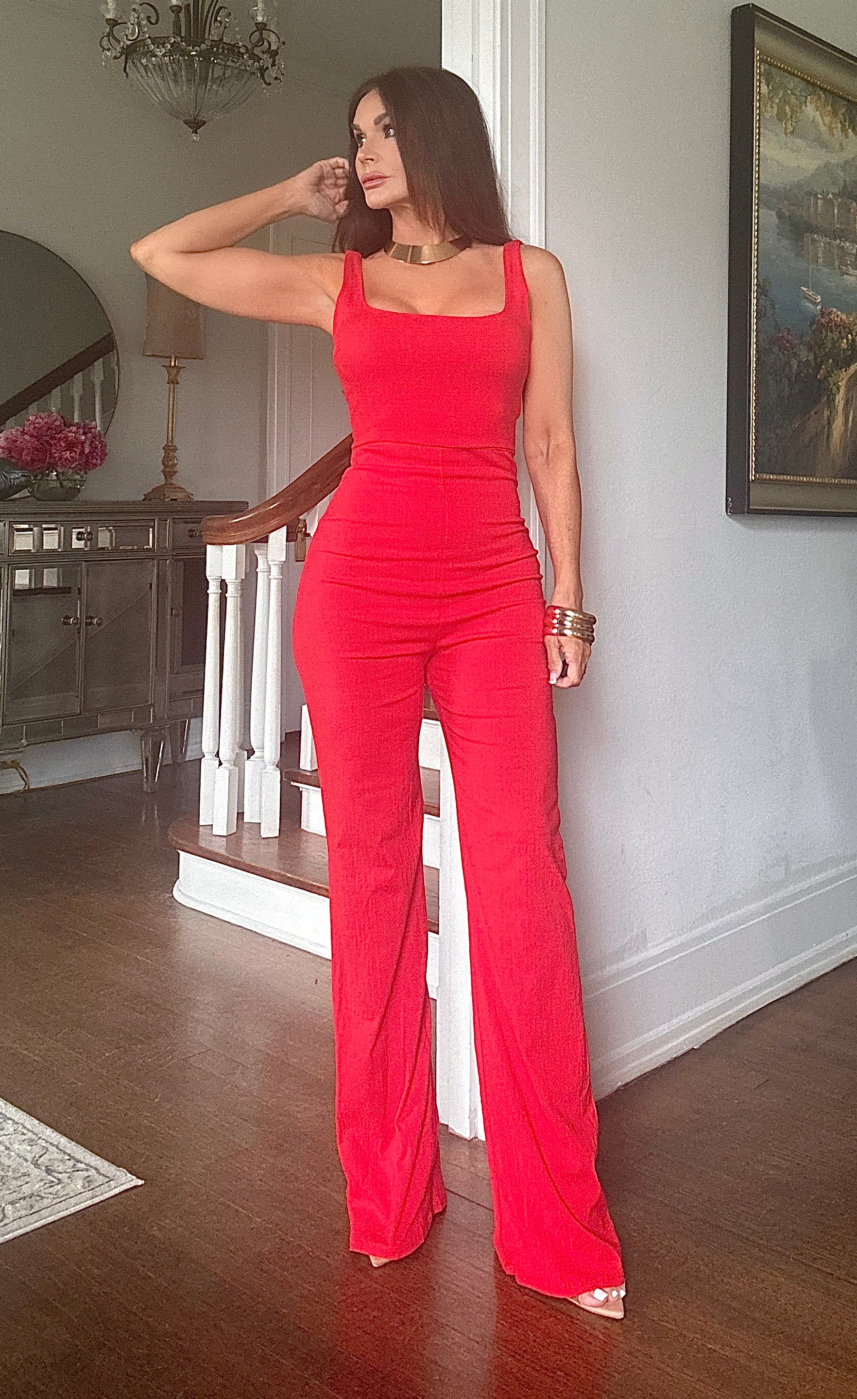 Kenlee red sleeveless linen jumpsuit