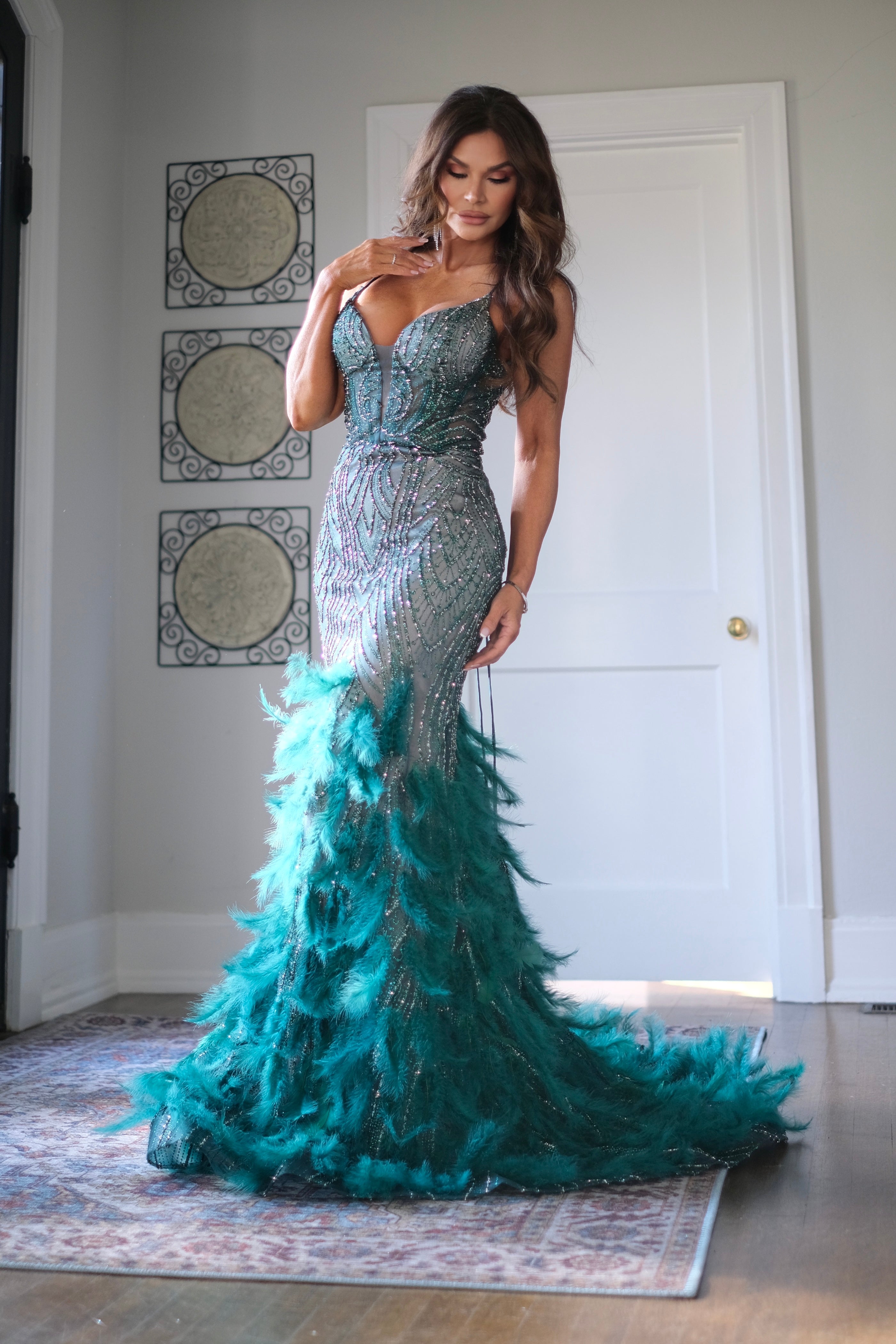 Marlo Emerald Green Mermaid Formal with Feather Detail