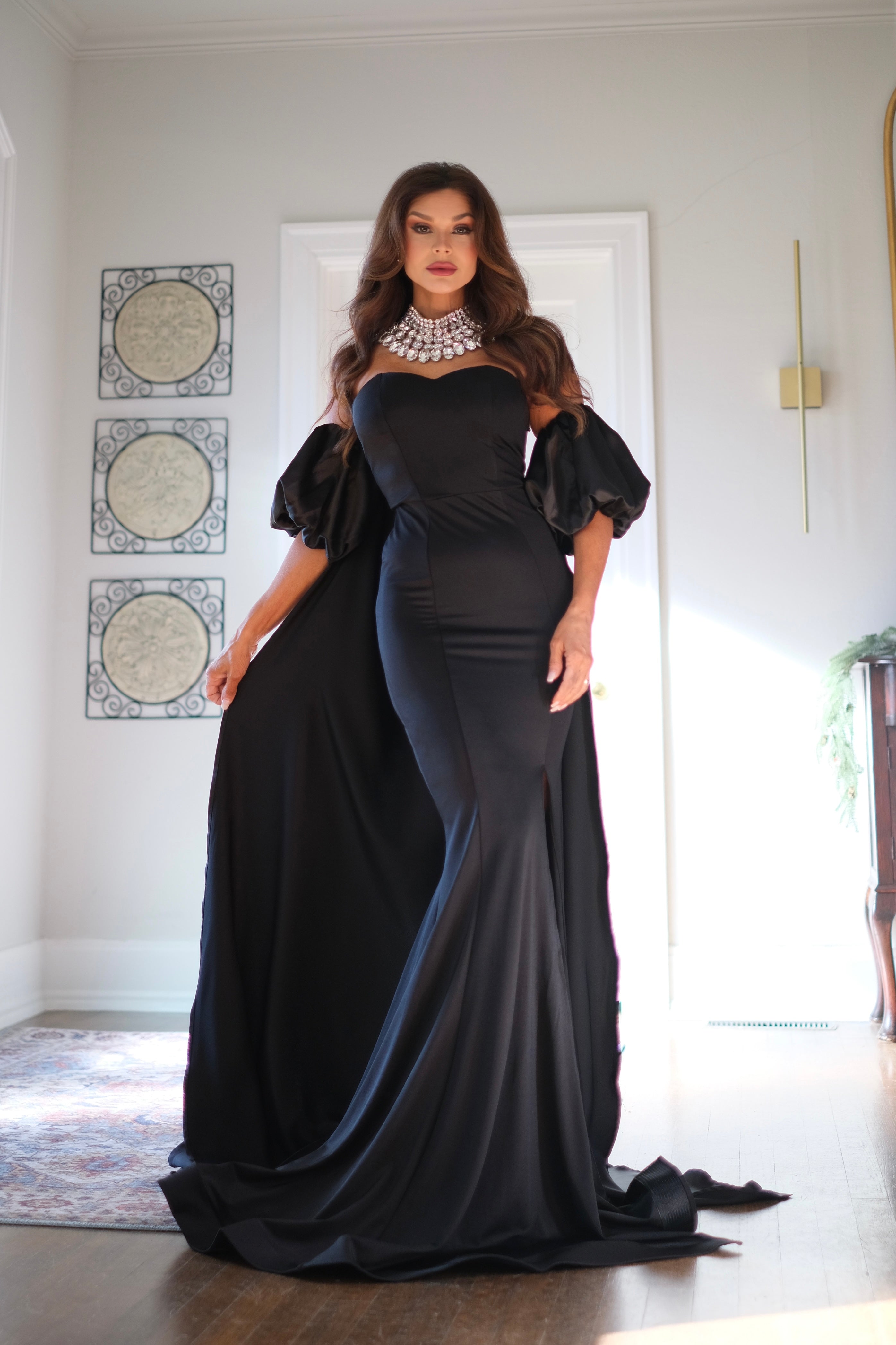 Luna black strapless formal with slit and cape