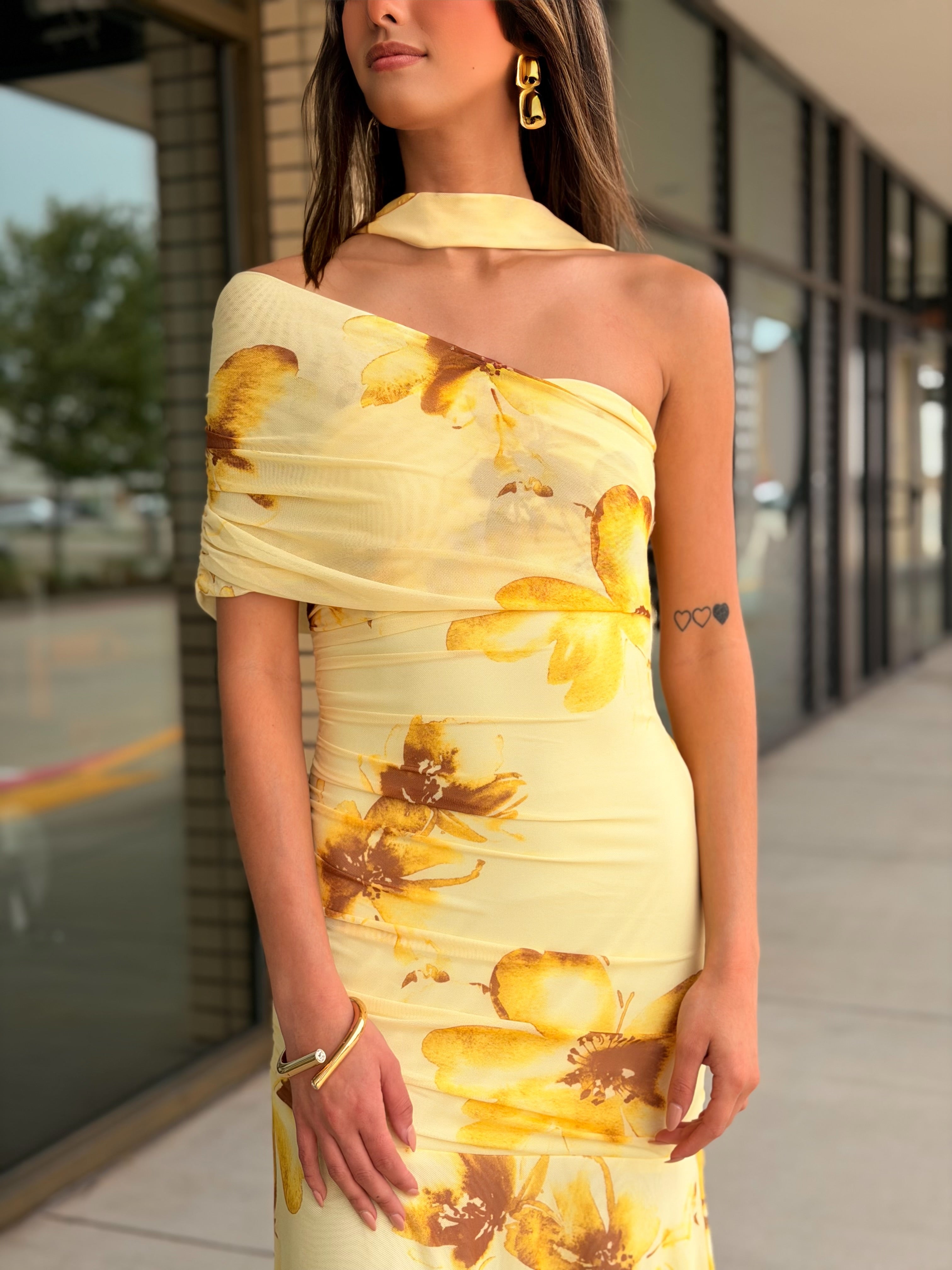 Rhea yellow floral  strapless asymmetrical maxi dress