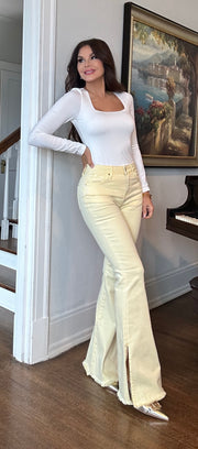 Macy Pale Yellow high rise flare jeans with side slit
