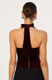 Jacy Wine Velvet Halter Corset Boning Top