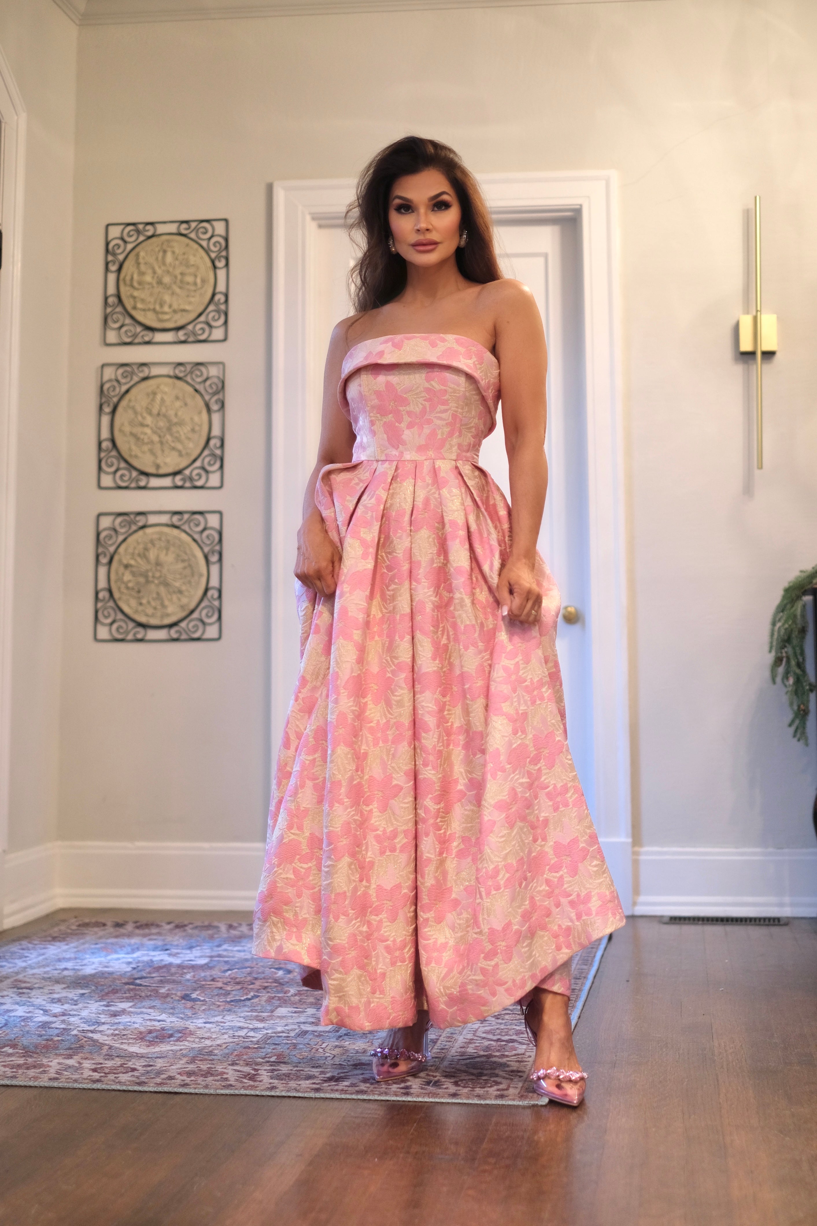 Florence Pink Floral Jacquared Tube Midi Dress