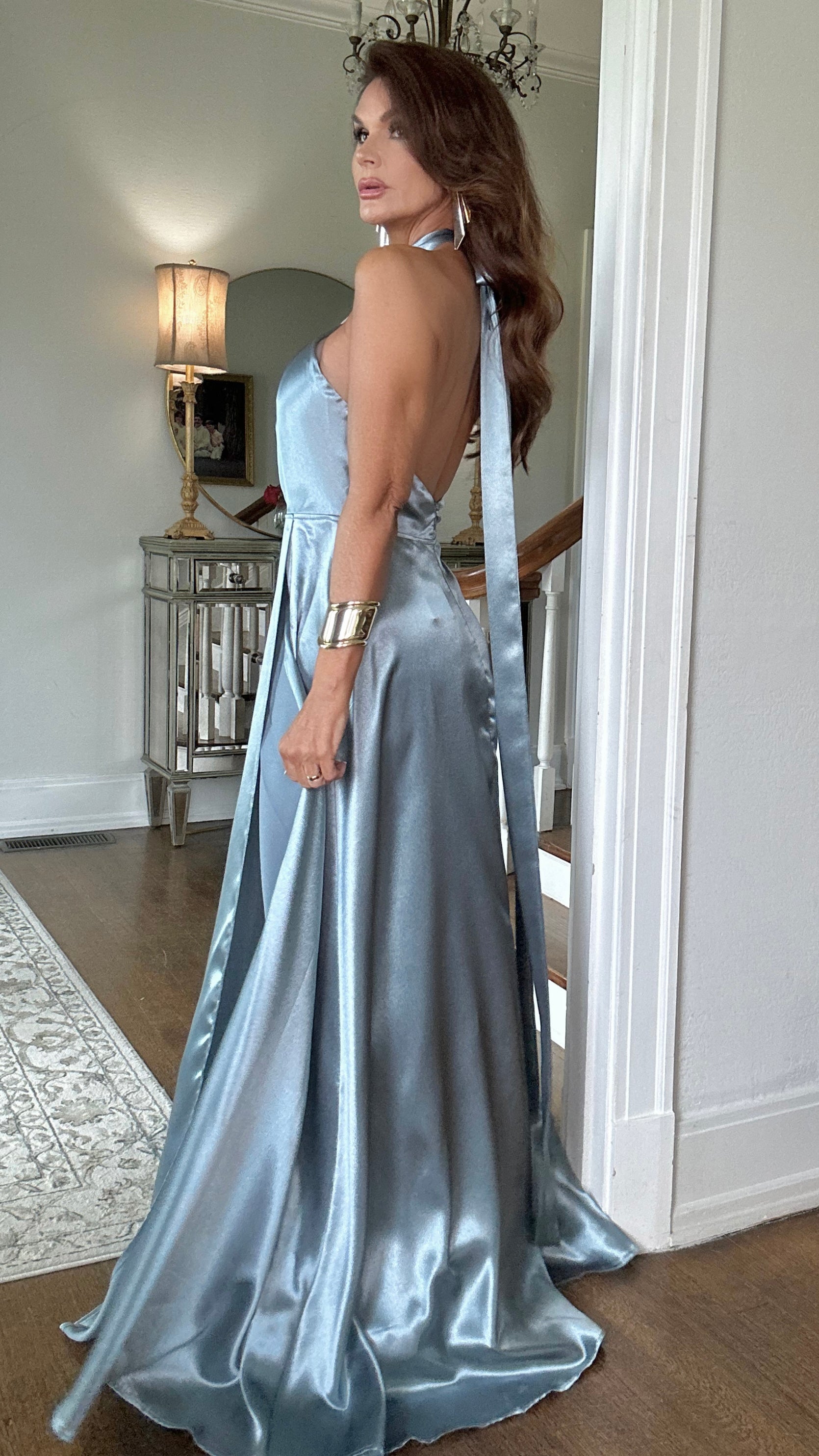 Shawna steel blue silk halter maxi with slit