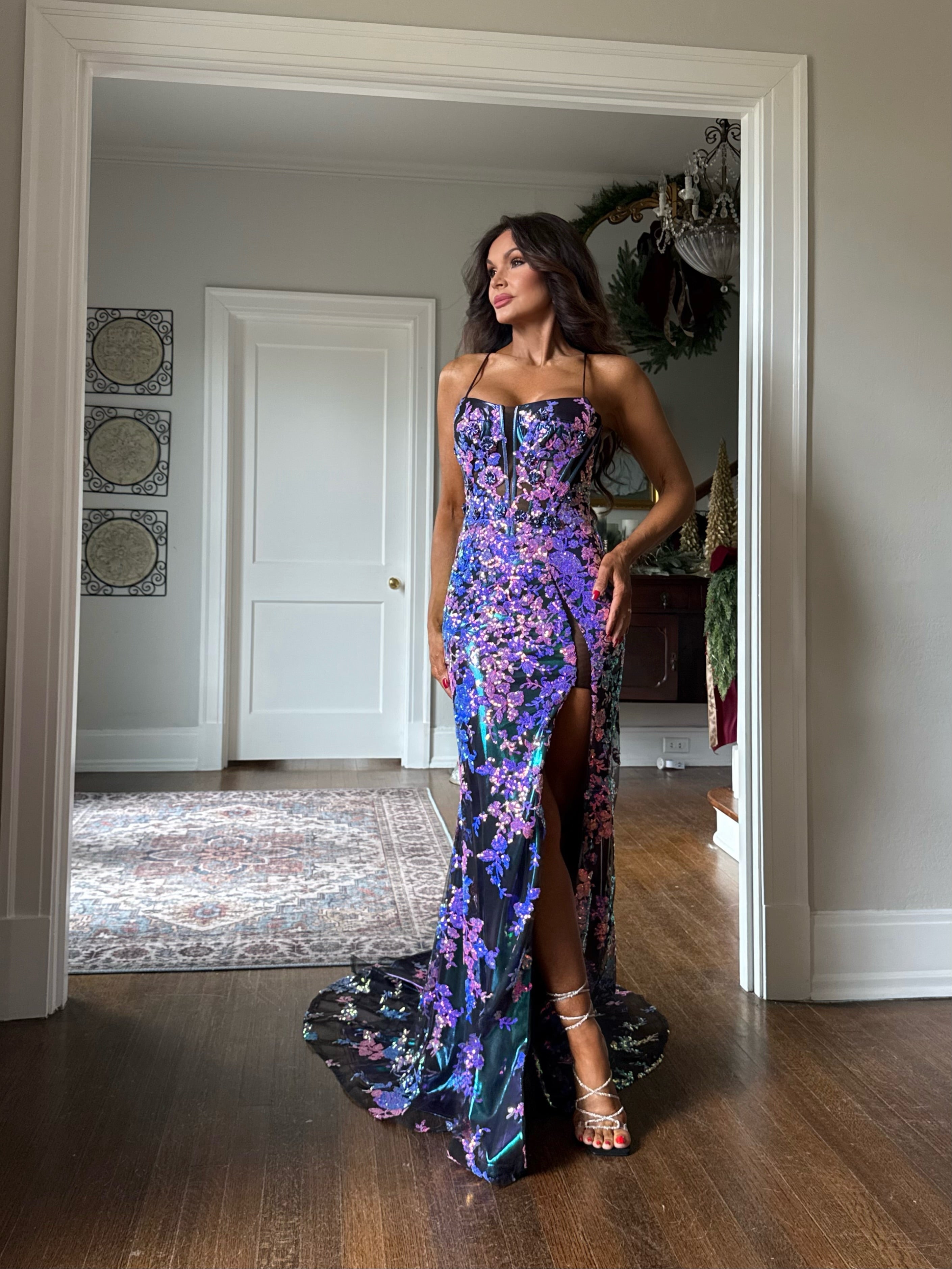 Stephanie purple sequin formal with floral embroidery