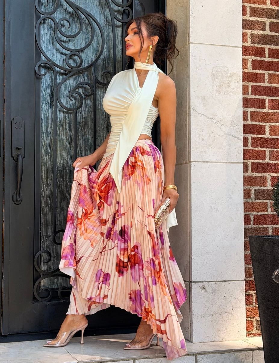 Kilah Cream Floral Pleated Maxi Skirt