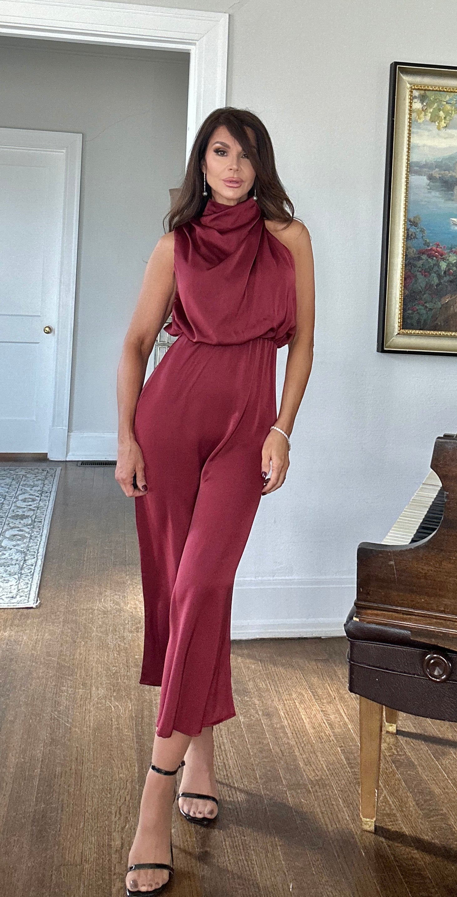 Vicki burgundy sleeveless draped mock neck satin midi