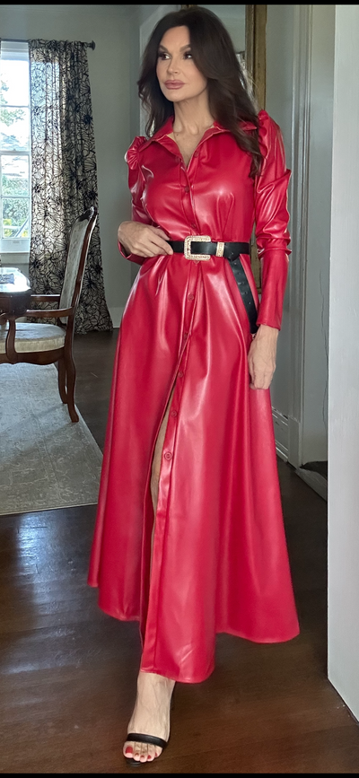 Lady In Red Vegan Leather Midi Dress