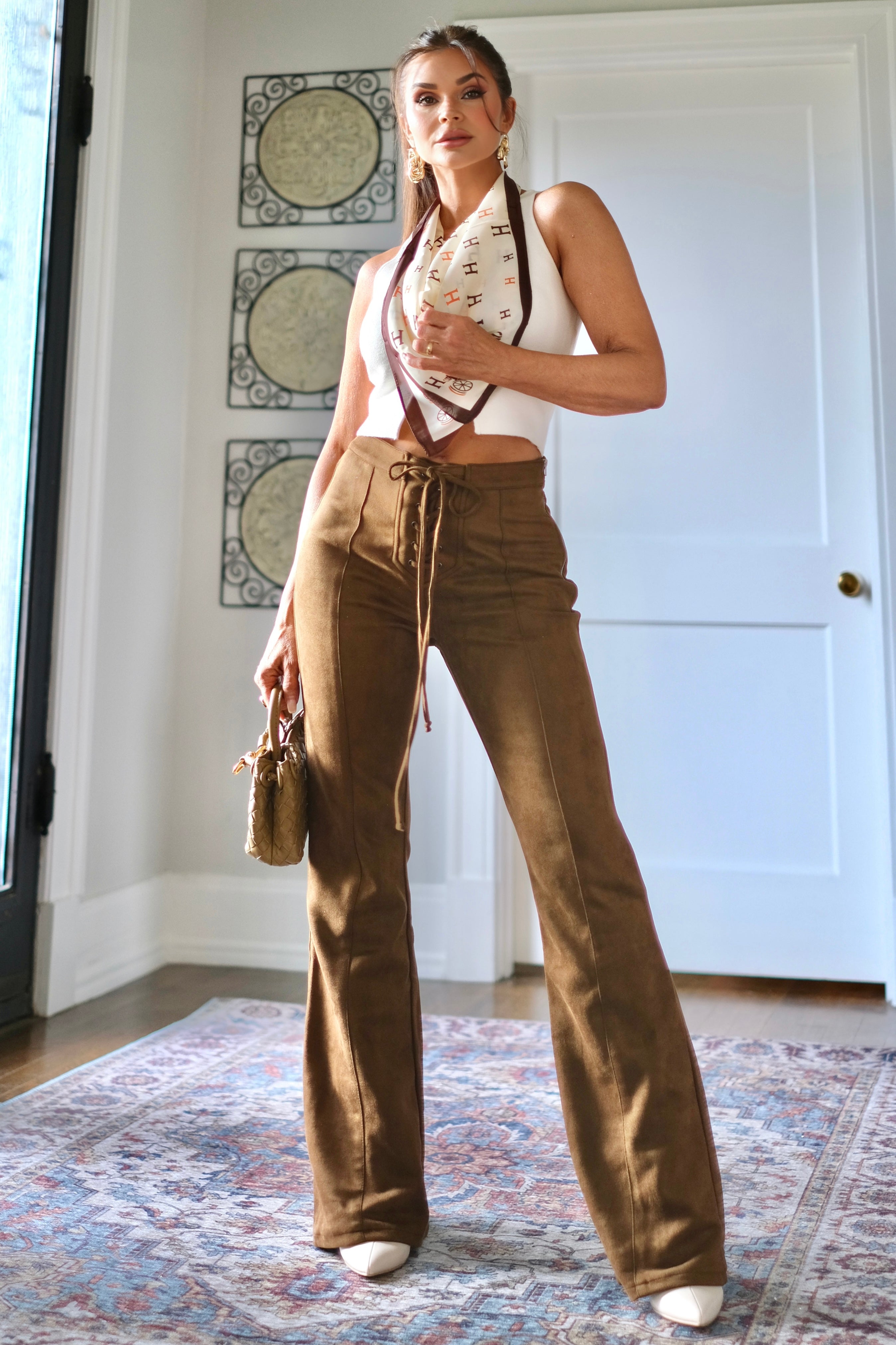 Brielle Brown Suede Flare Lace Up Pants