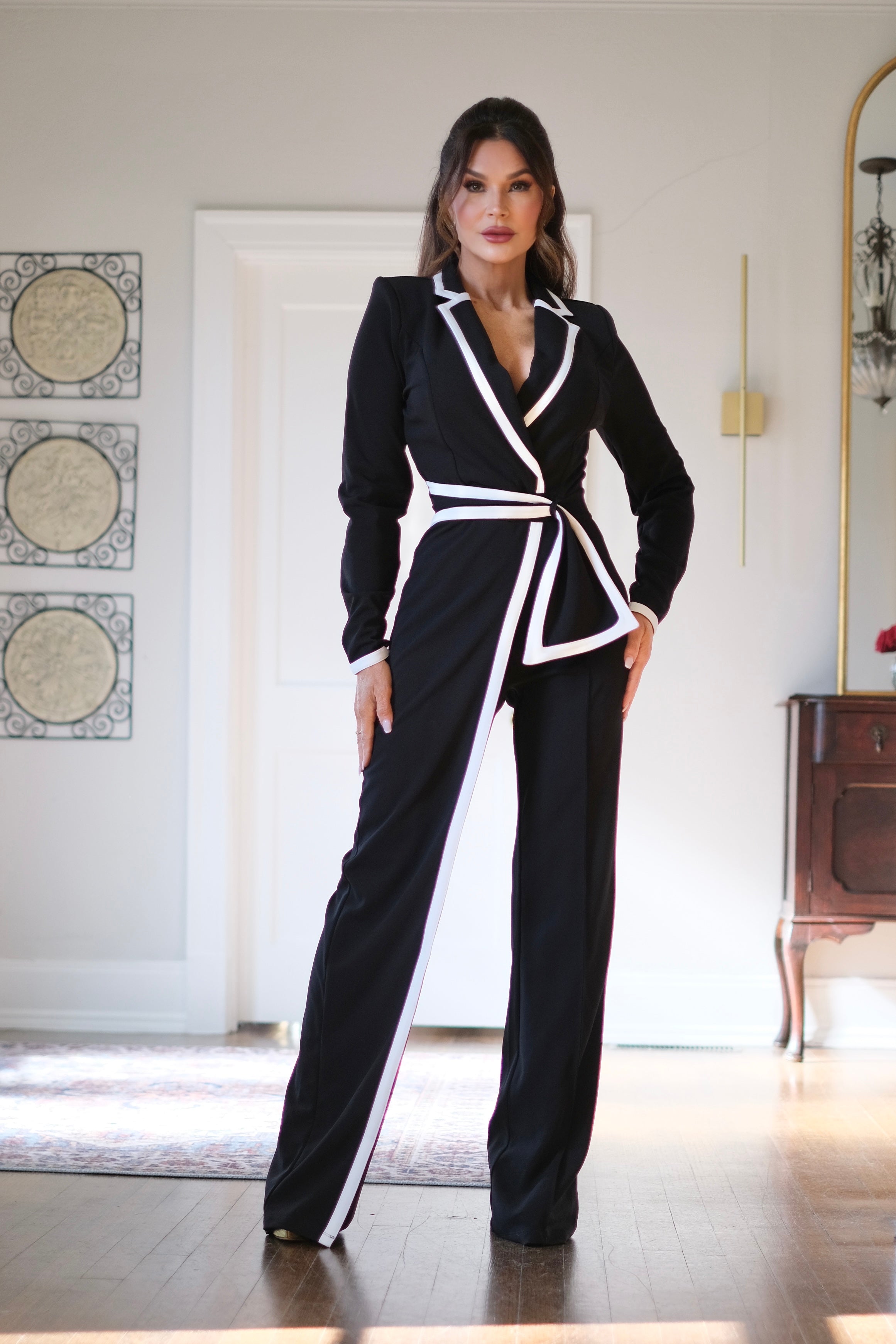 Nadia black double flap jumpsuit with white contrast