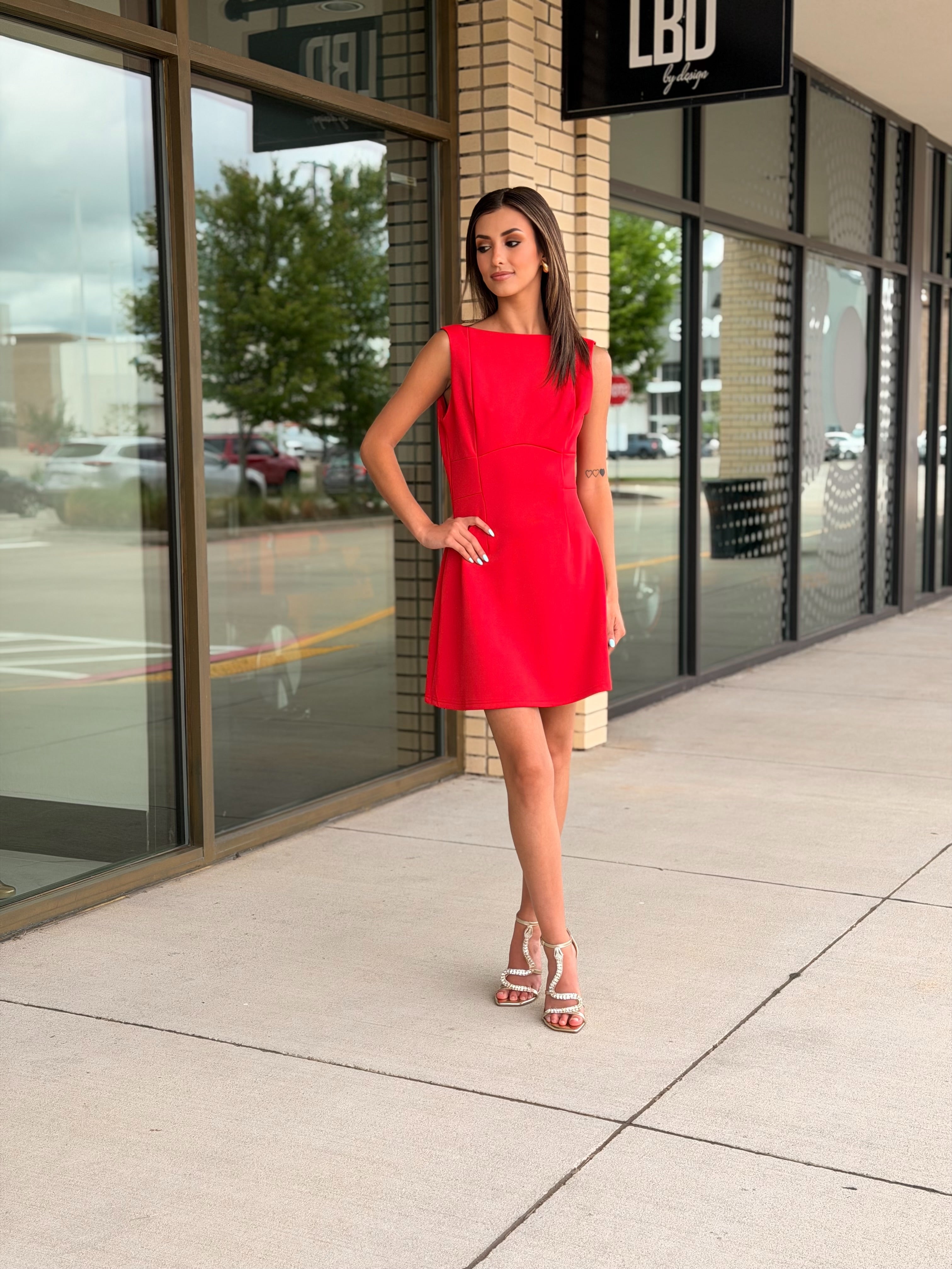 Aniston Red Boat Neck A Line Mini Dress