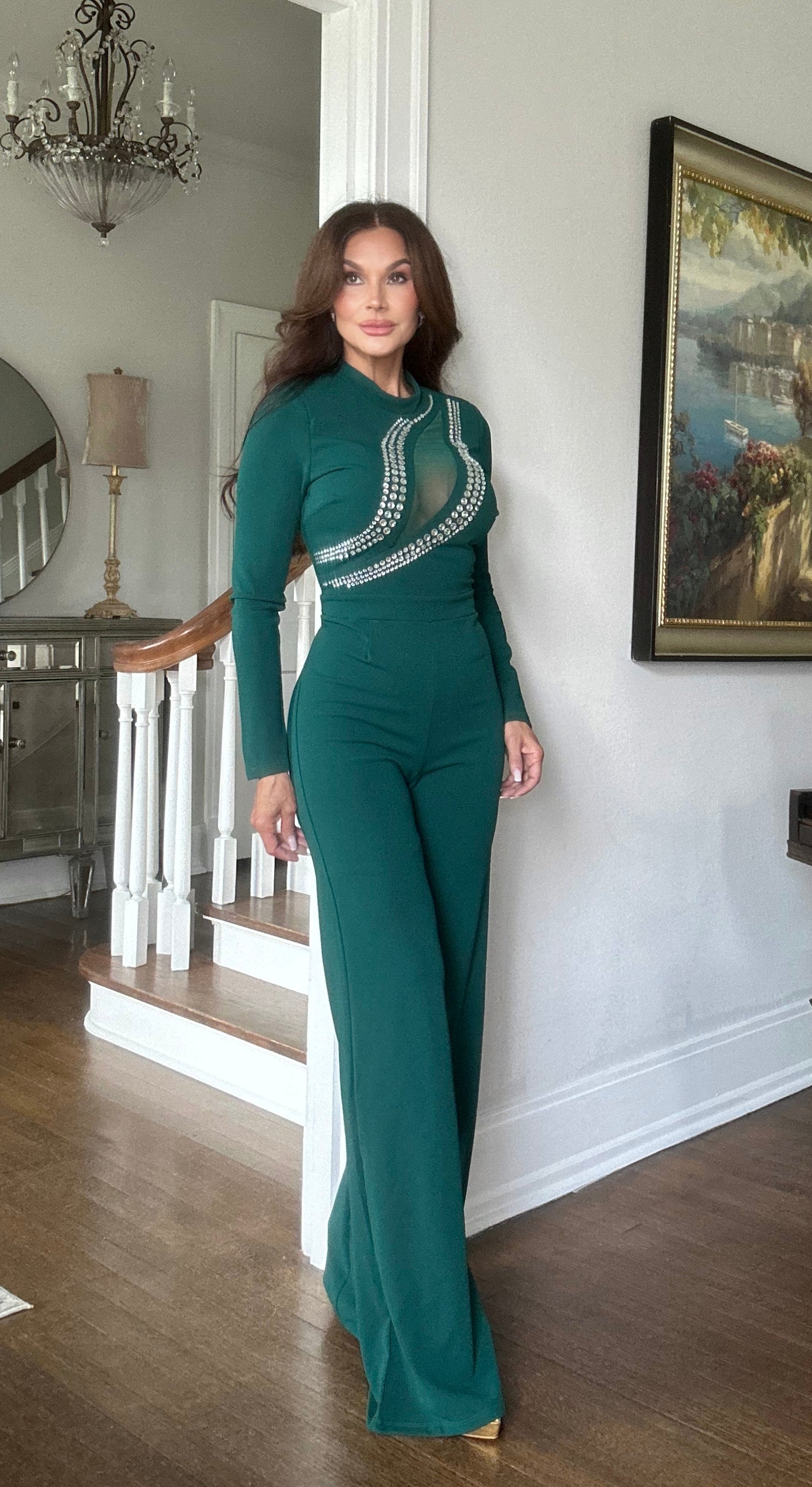 Paityn hunter green long sleeve jumpsuit with mesh cut out and stone detail