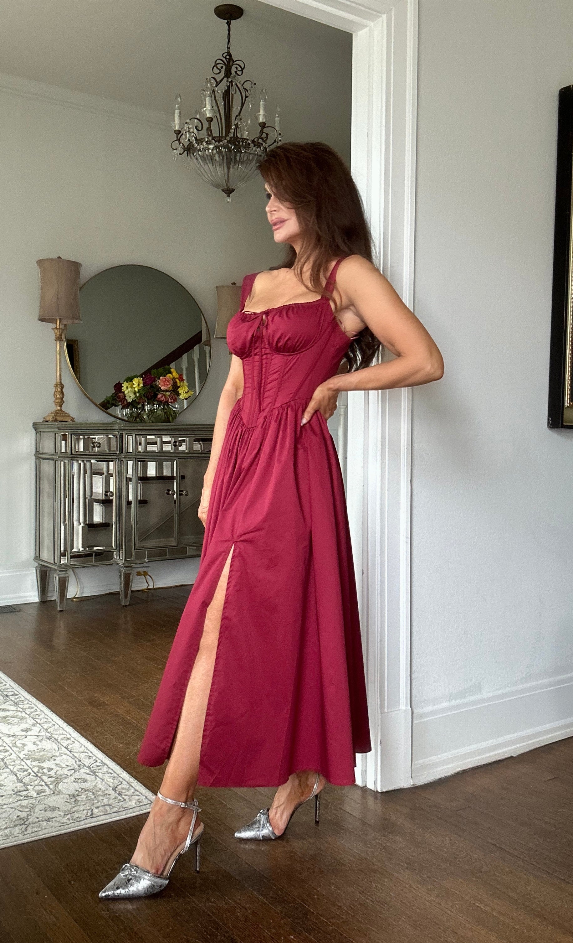 Teo wine corset a line maxi dress with slit