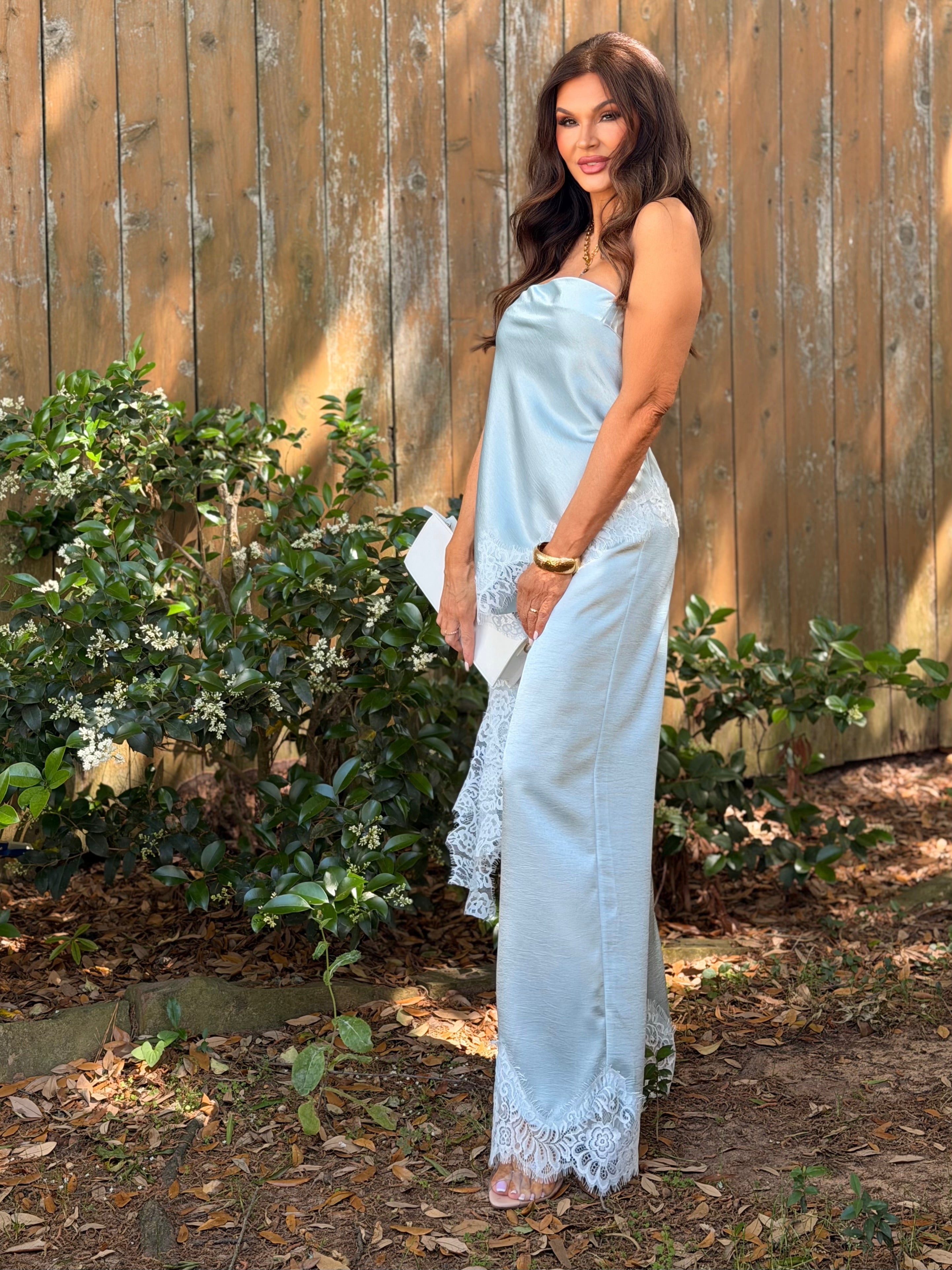 Laney Aqua Blue Satin Lace Trim Pants