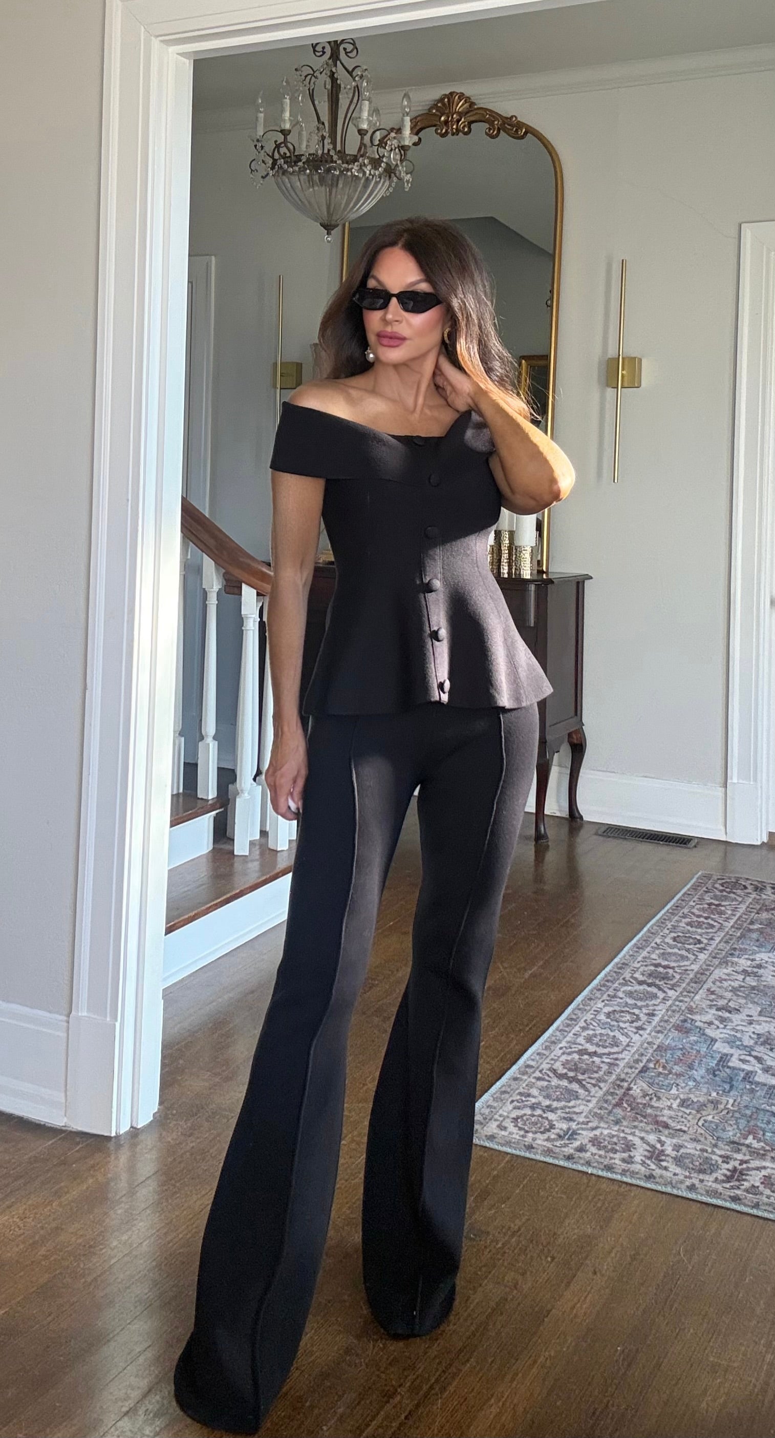 Ebony Black High Rise Knit Flare Pant with Center Seam