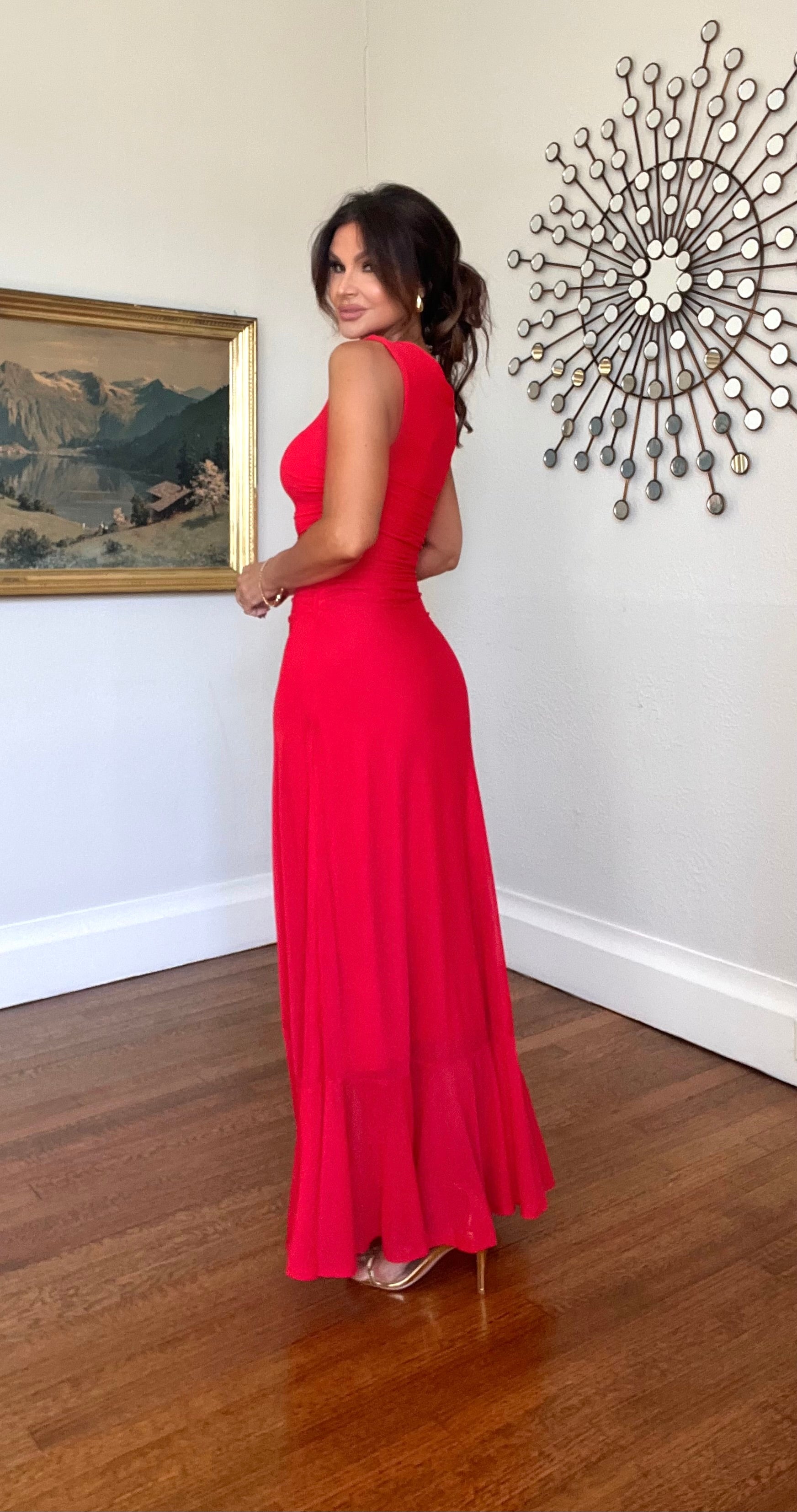 Sasha Red Boat Neck Ruched Mesh Side Slit Midi Dress