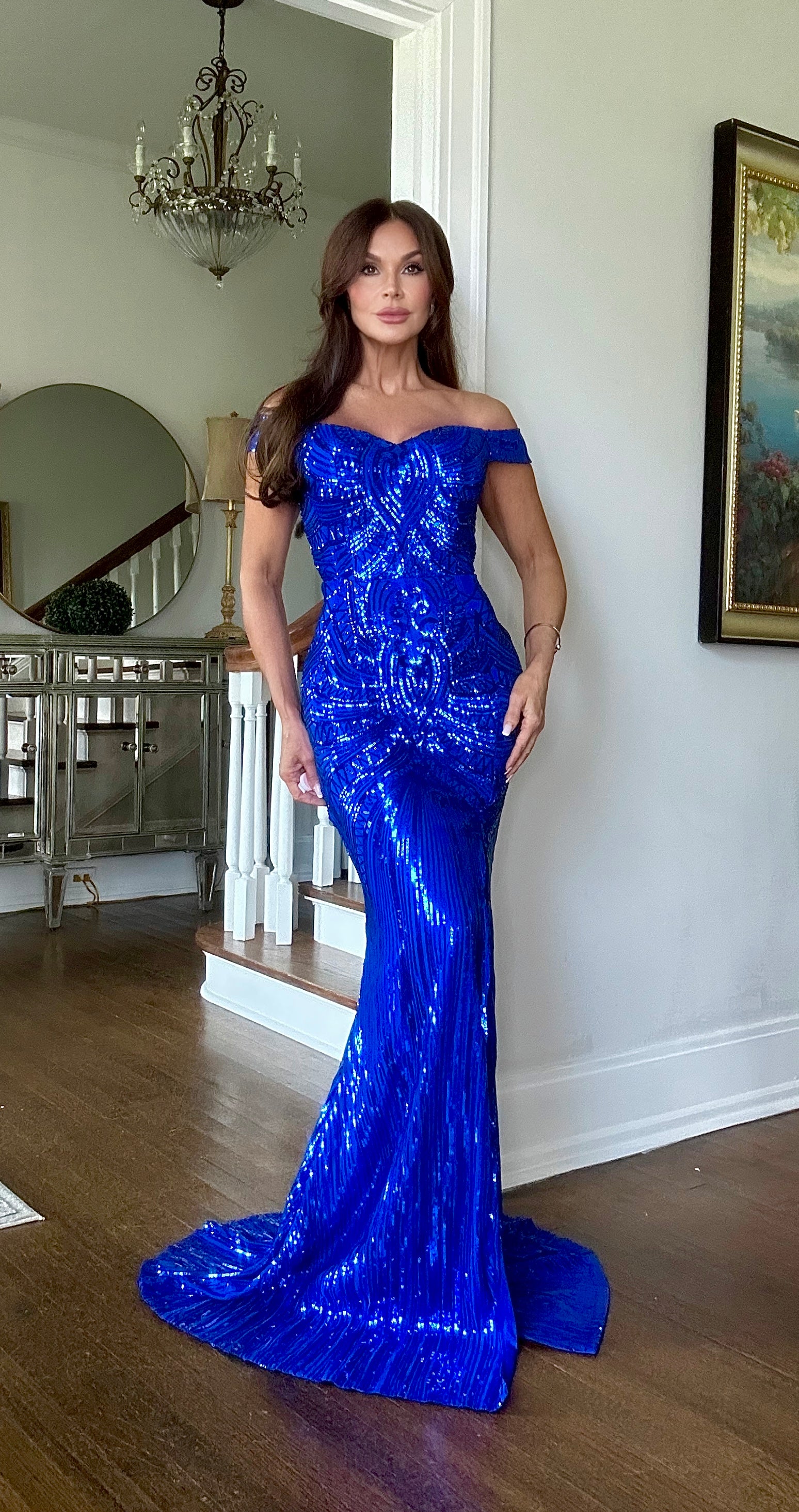 Skylar Royal Blue Sequin Off the shoulder Formal with Side Slit