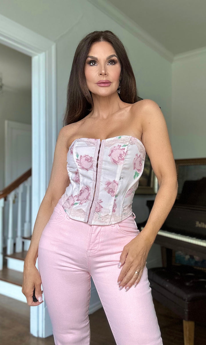 Haley rose pink floral print hook and eye corset top