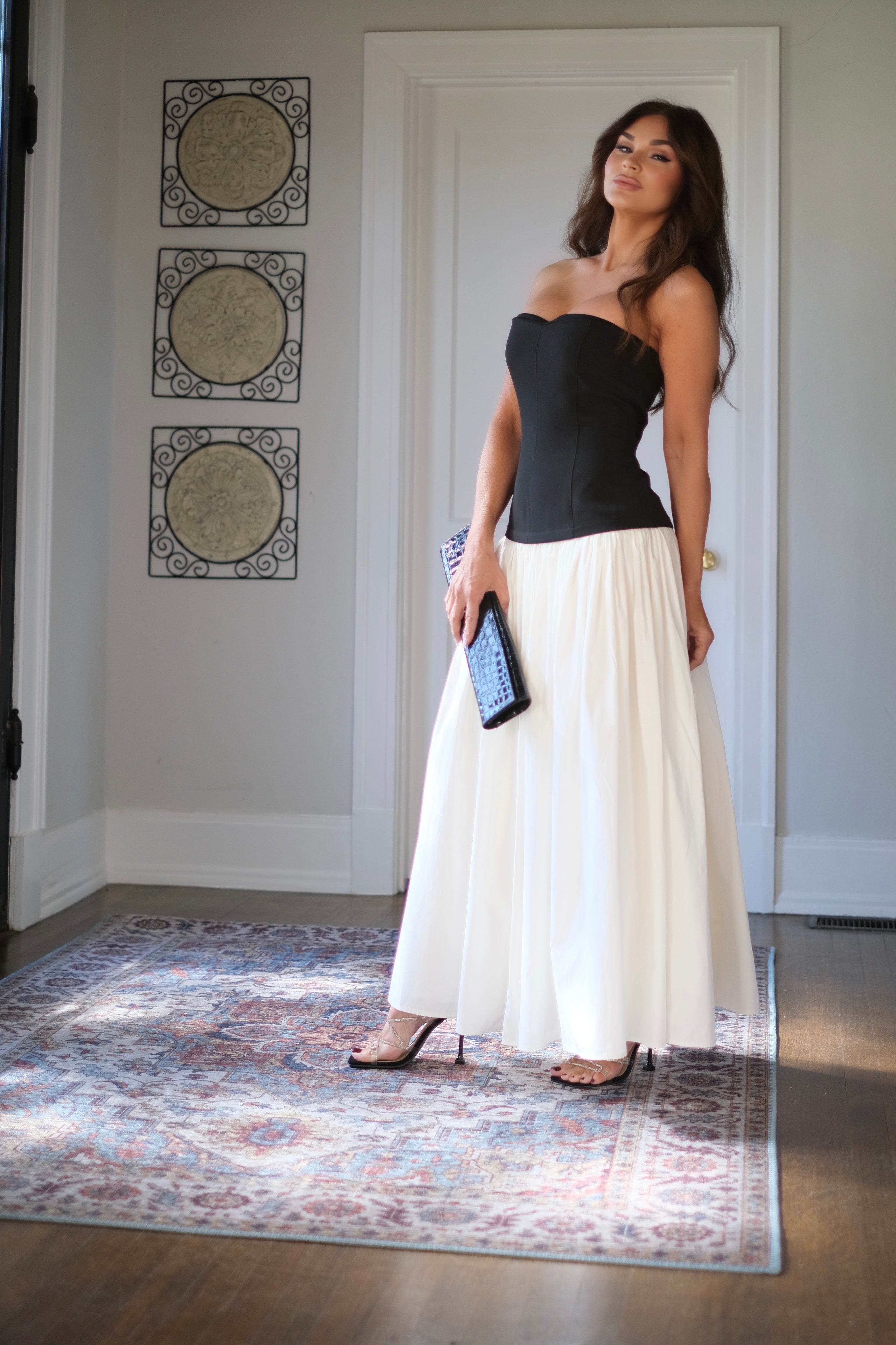 Mia Black and Off White Color Block Corset Strapless Maxi Dress