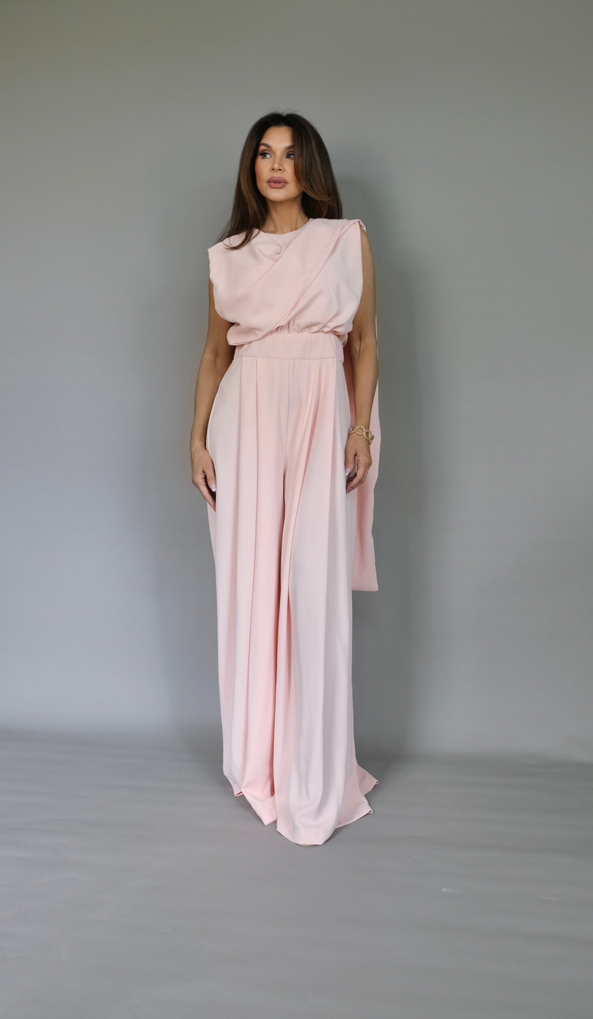 Jersey light peach wide leg jumpsuit with scarf detail