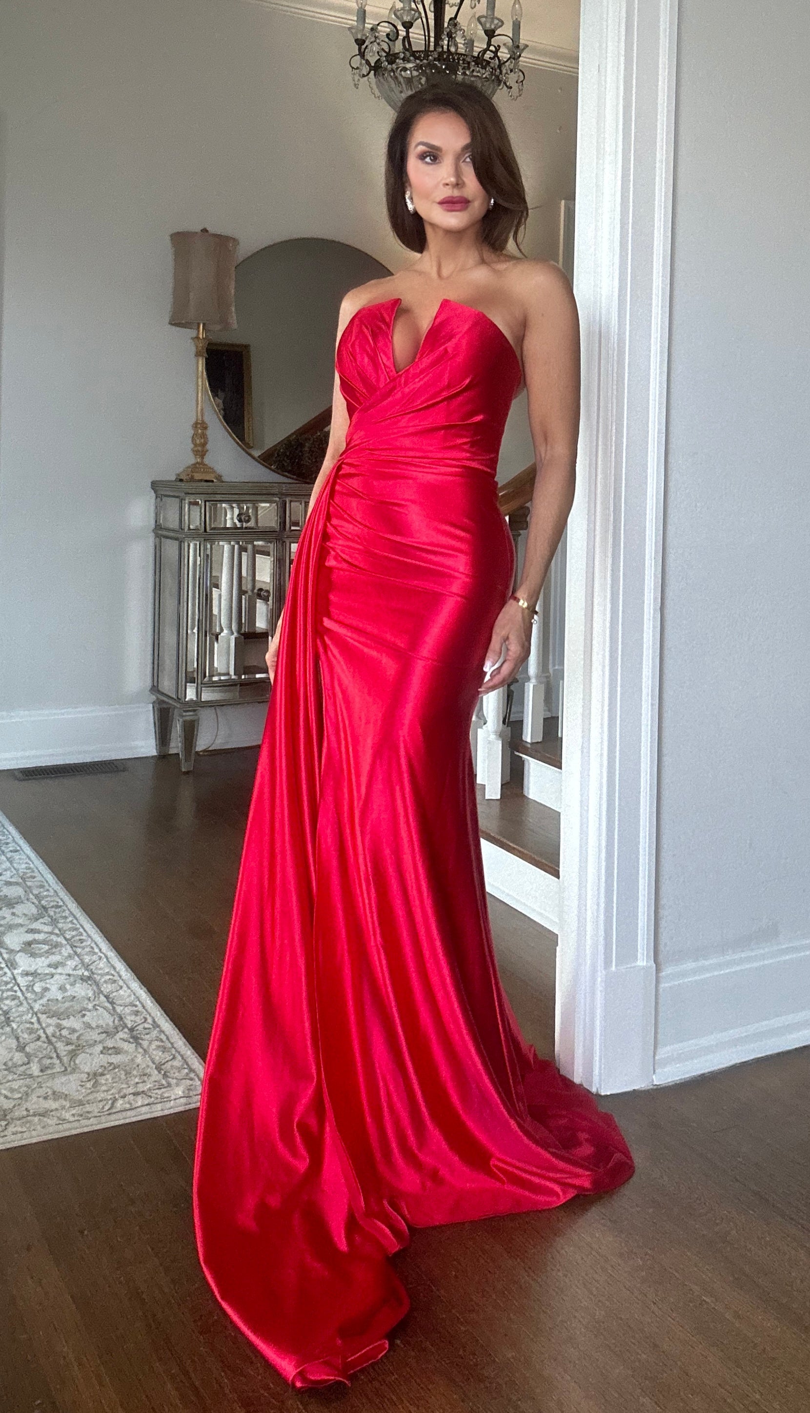 Sasha Red Strapless Satin Formal With Ruched And Sash Detail