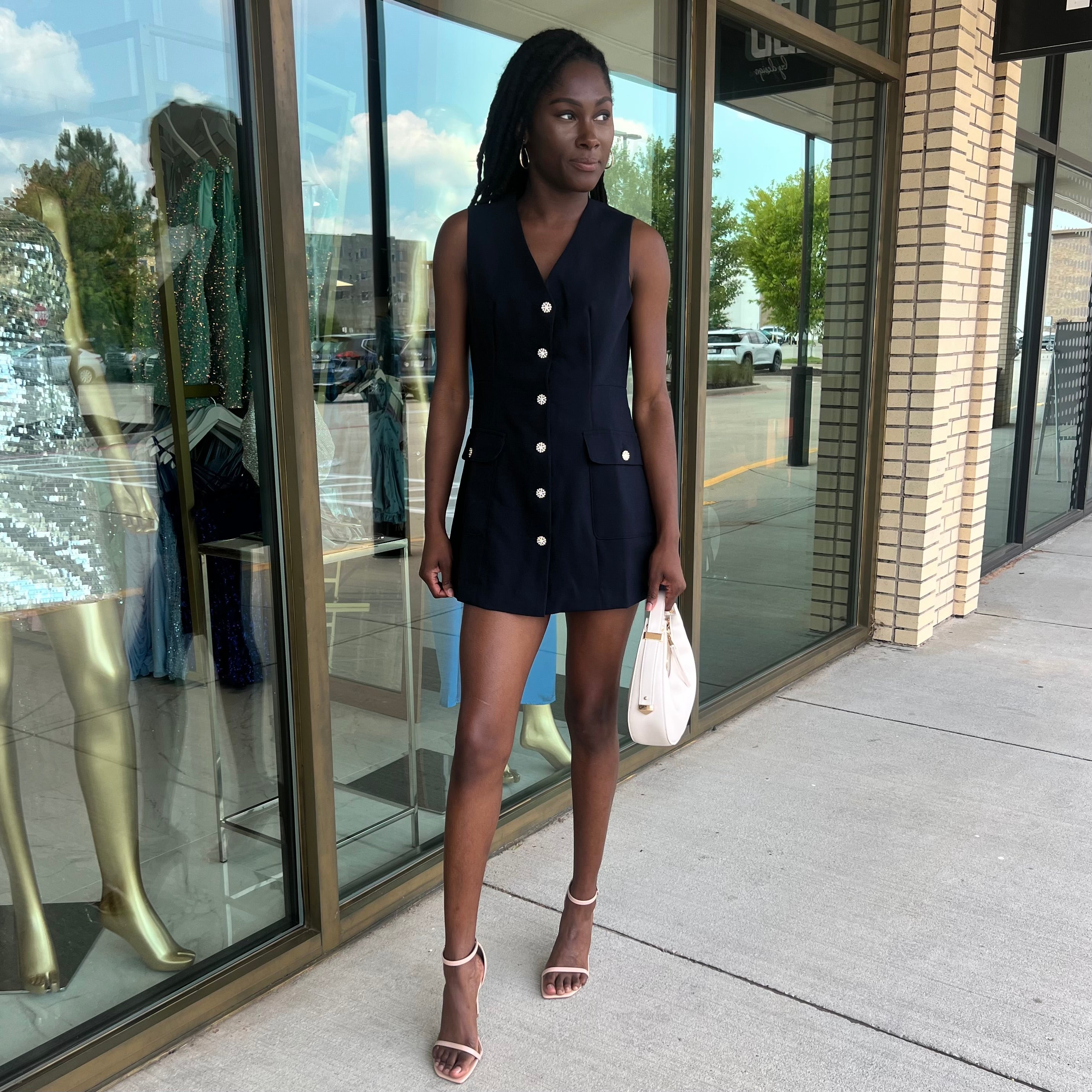 Reva Dark Navy Crystal Button Front Romper