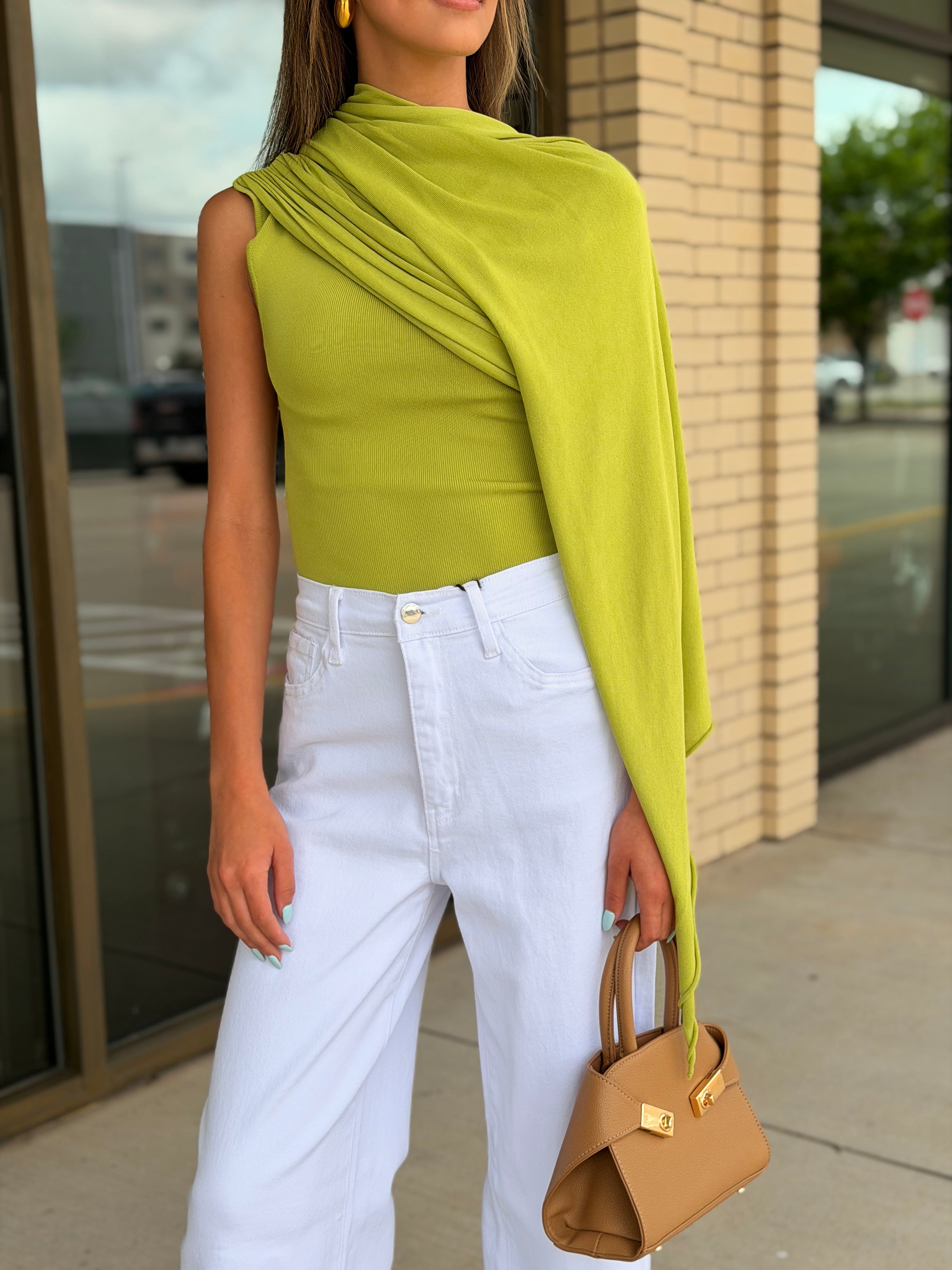Colette Green Knit Asymmetrical Mesh Cape Top