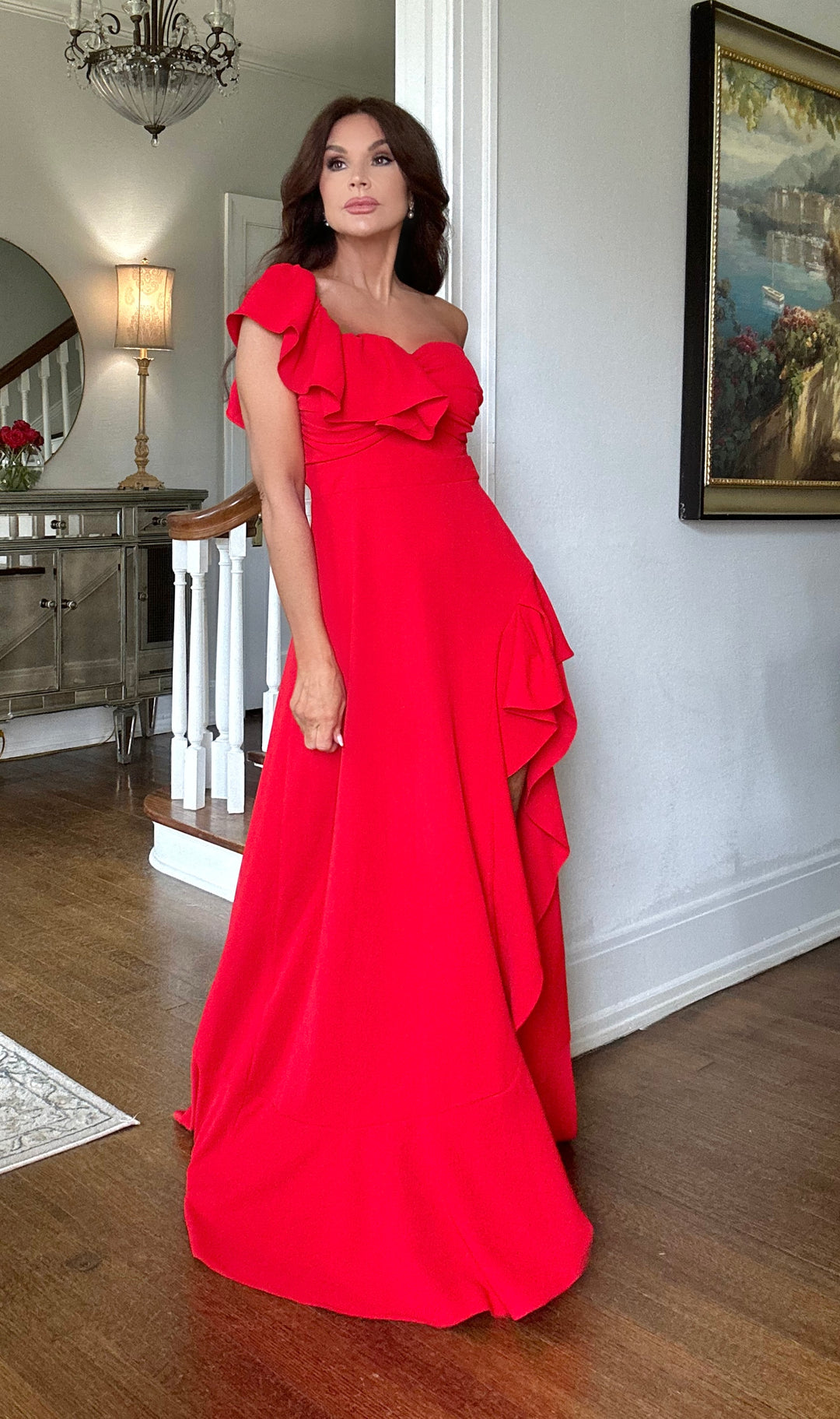 Trina red one shoulder ruffle and slit maxi dress