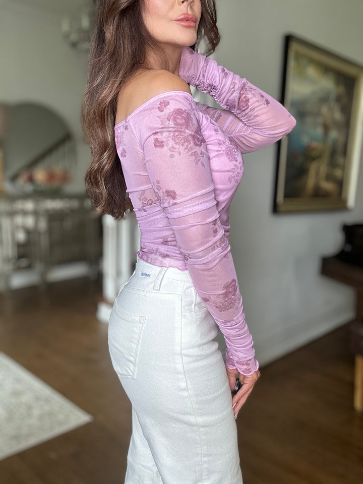 Rose lavender floral print long sleeve mesh top
