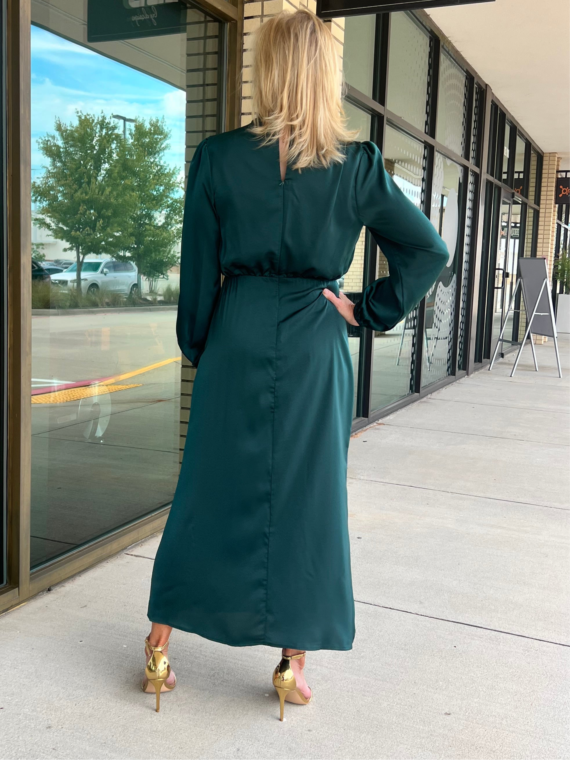 Andrea green ruched high neck satin long sleeve midi dress