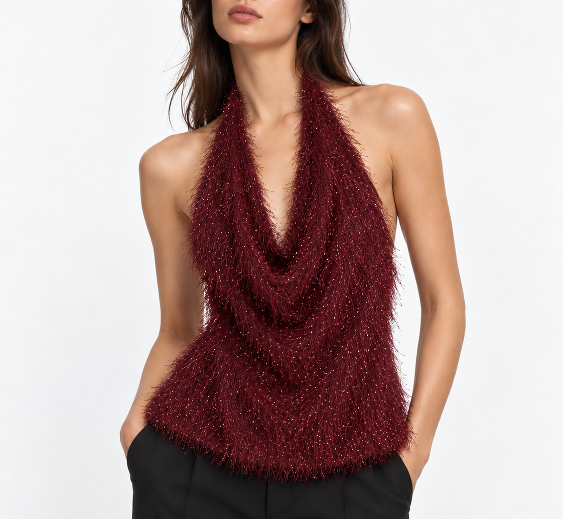 Pia Burgundy Halter Fringe Top