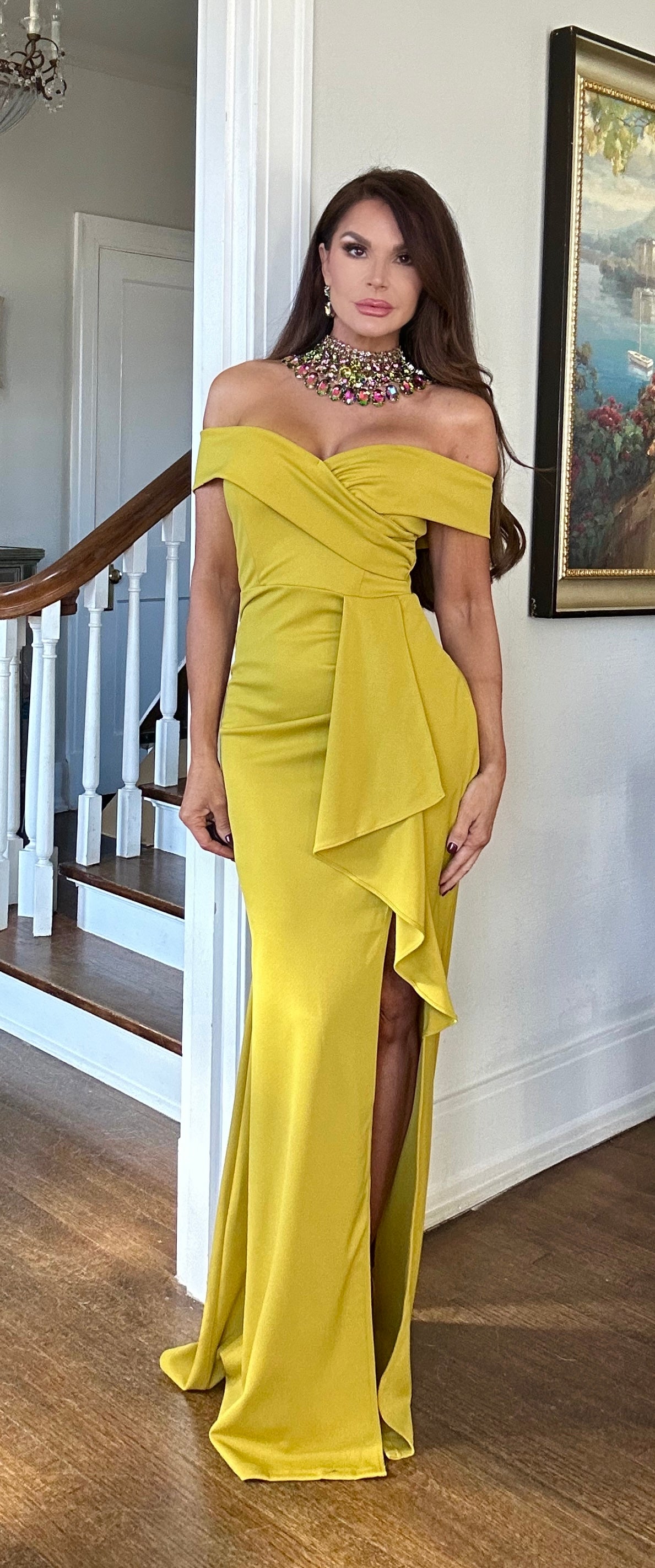 Blair chartreuse shoulder maxi with ruffle and slit