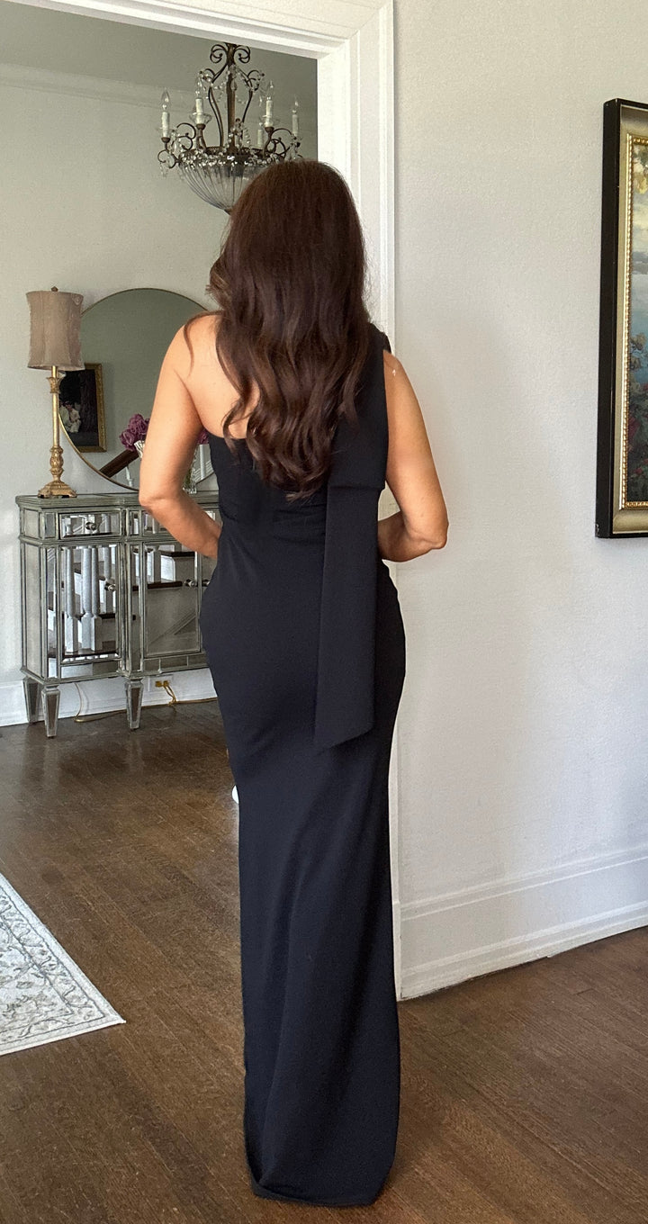 Roxanne black one shoulder maxi dress with oversized ribbon