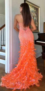 Marlo Flame Orange mermaid gown with feather details