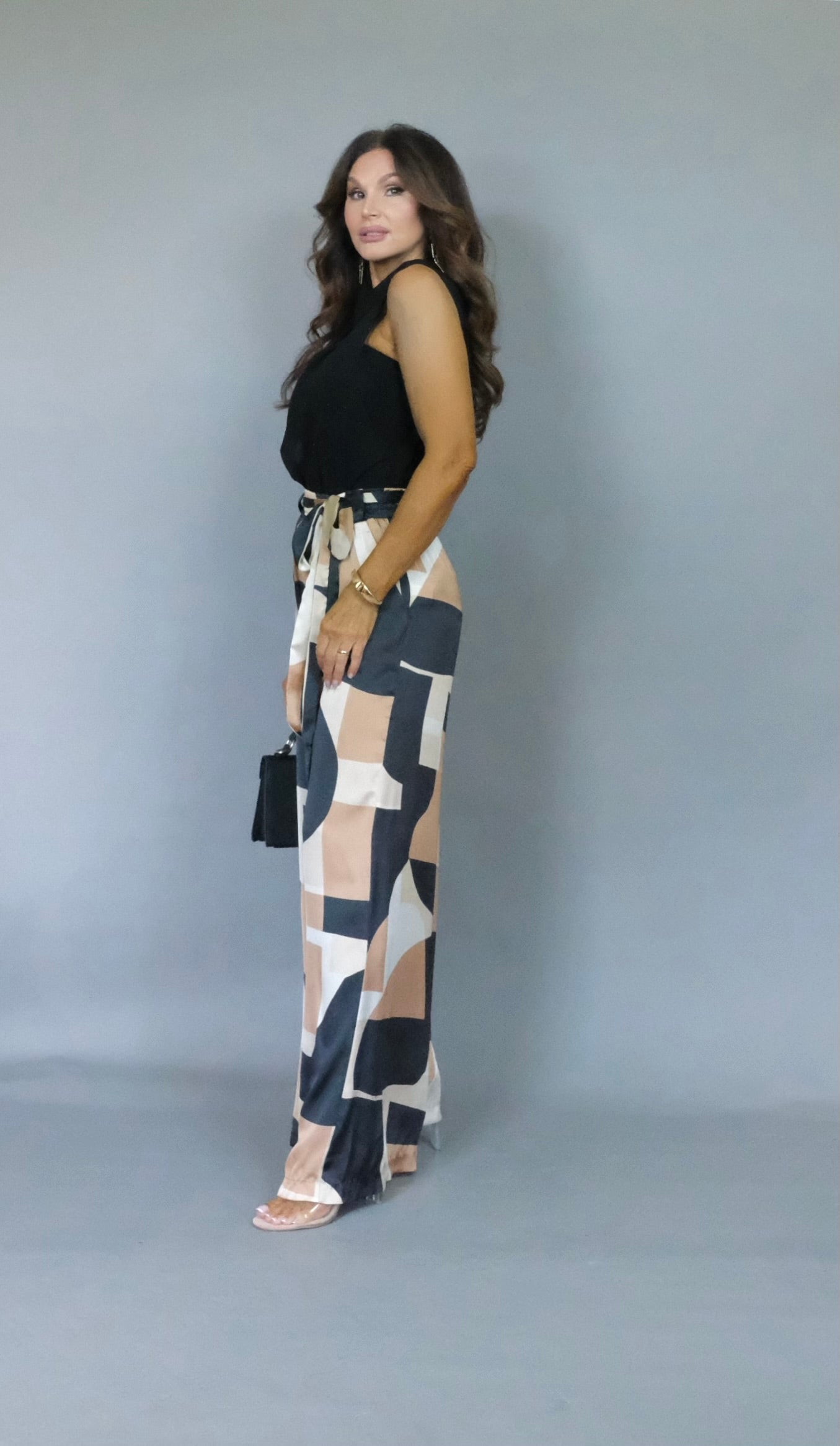 Sloan midnight taupe silk abstract print pant.