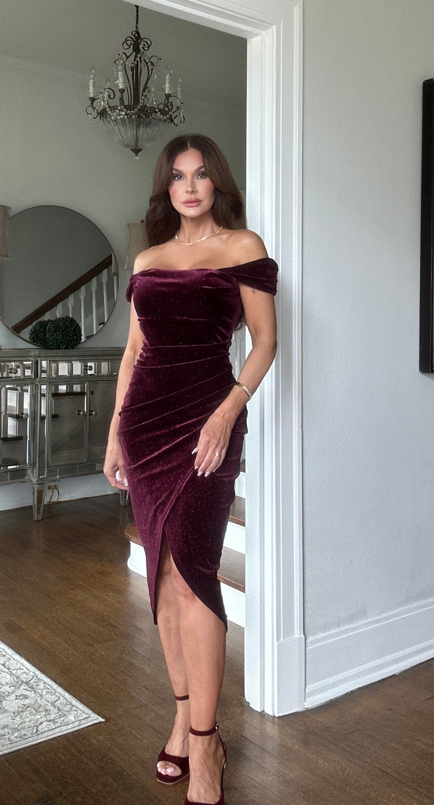 Jessica burgundy velvet glitter off shoulder midi dress