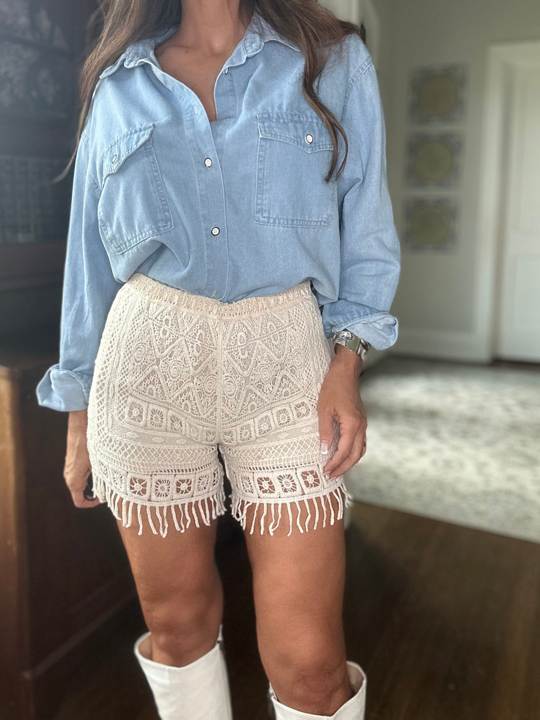 Ameena natural crochet fringe shorts