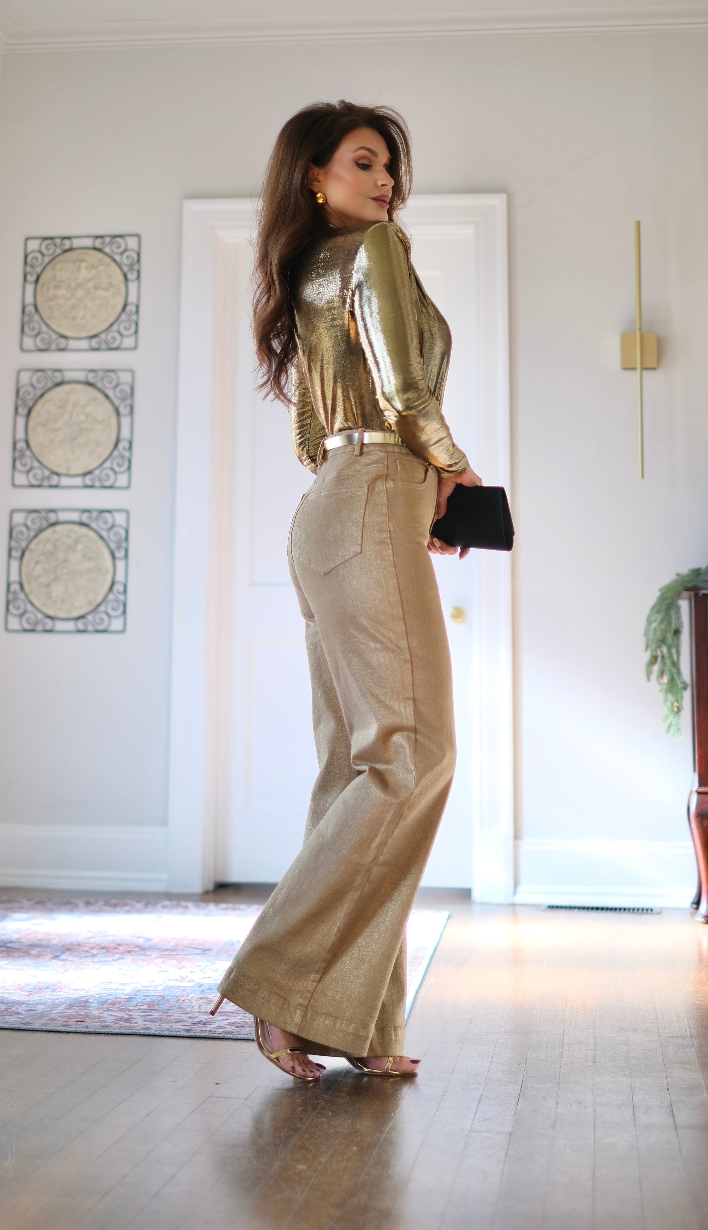 Flora Gold metallic high rise wide leg jean