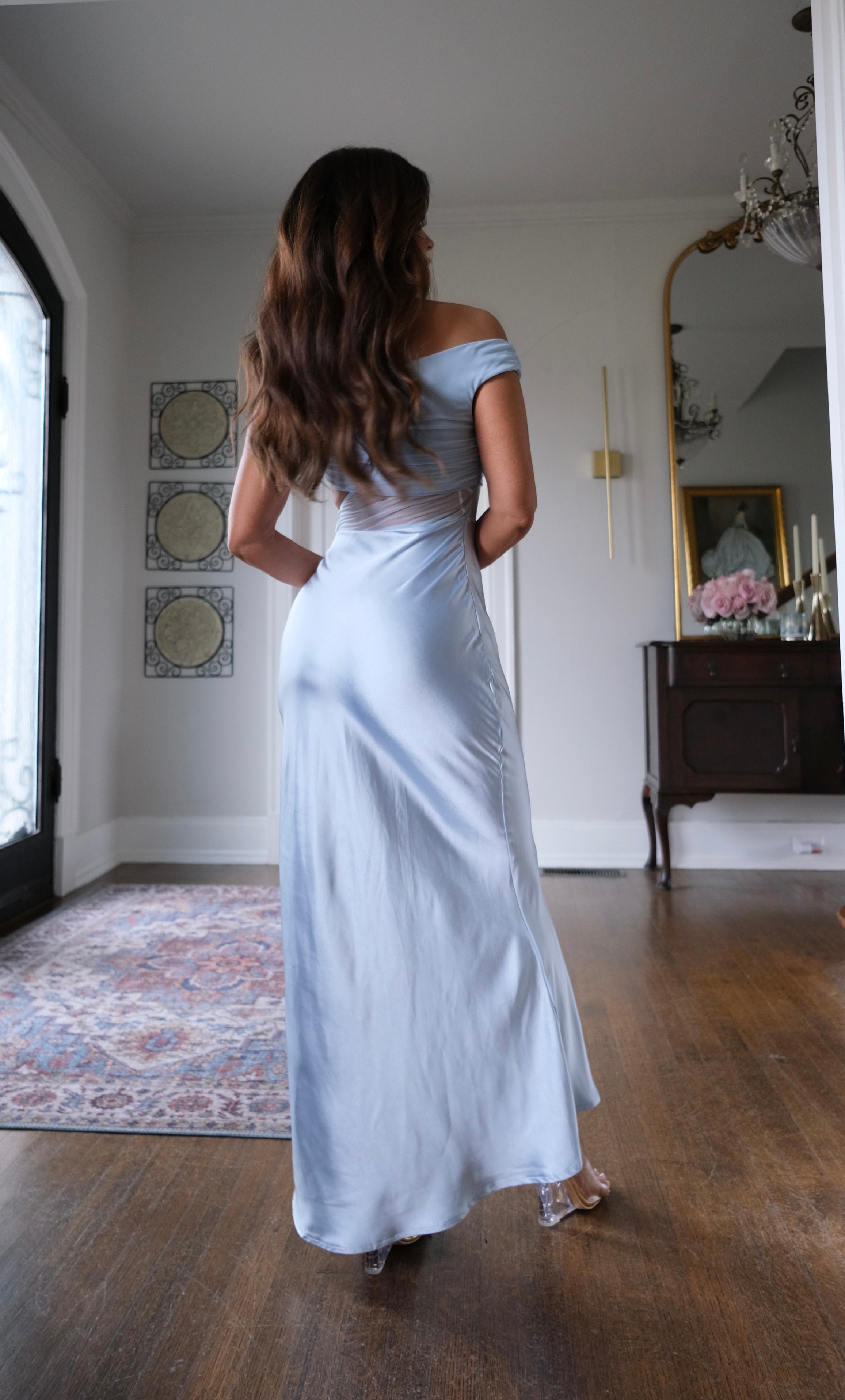 Brailynn light blue satin and mesh asymmetric midi dress