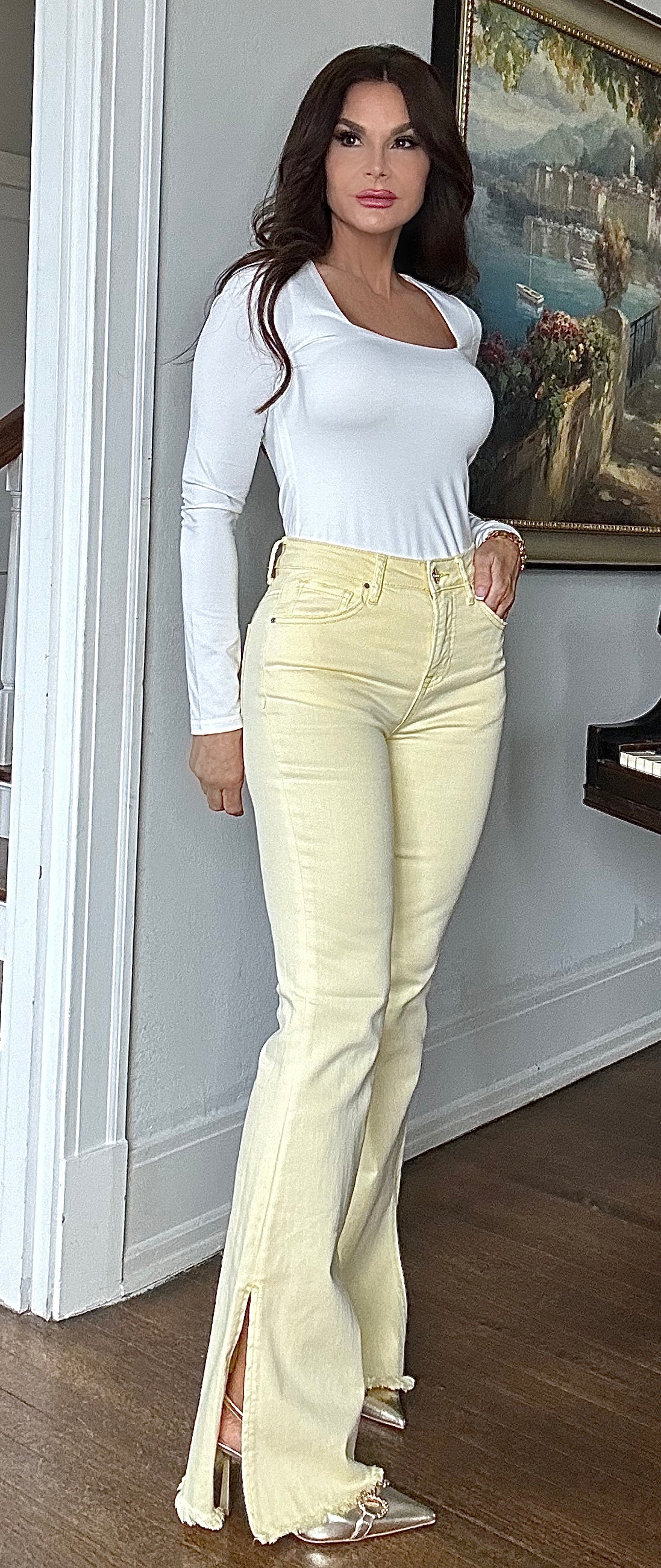 Macy Pale Yellow high rise flare jeans with side slit