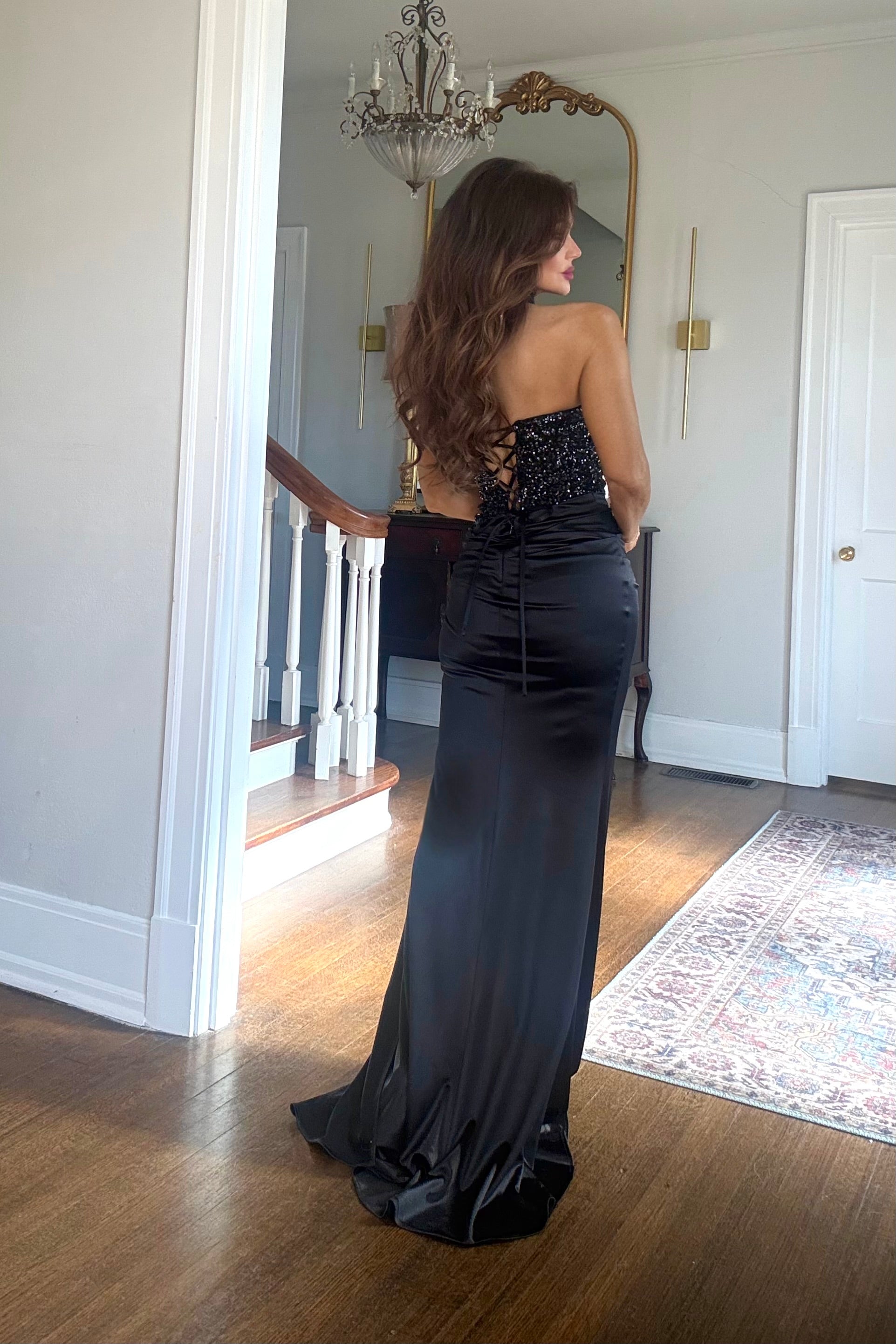 Reign black sequin bodice lace up satin formal