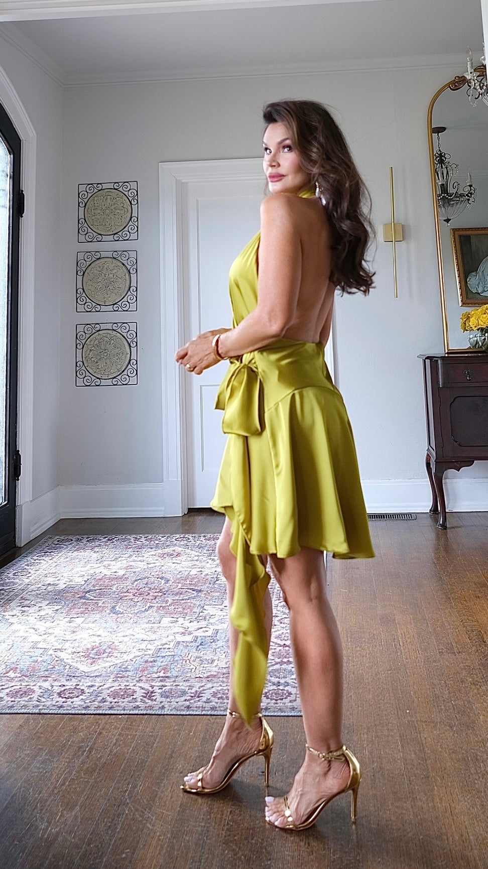 Frisco green satin halter wrap mini dress