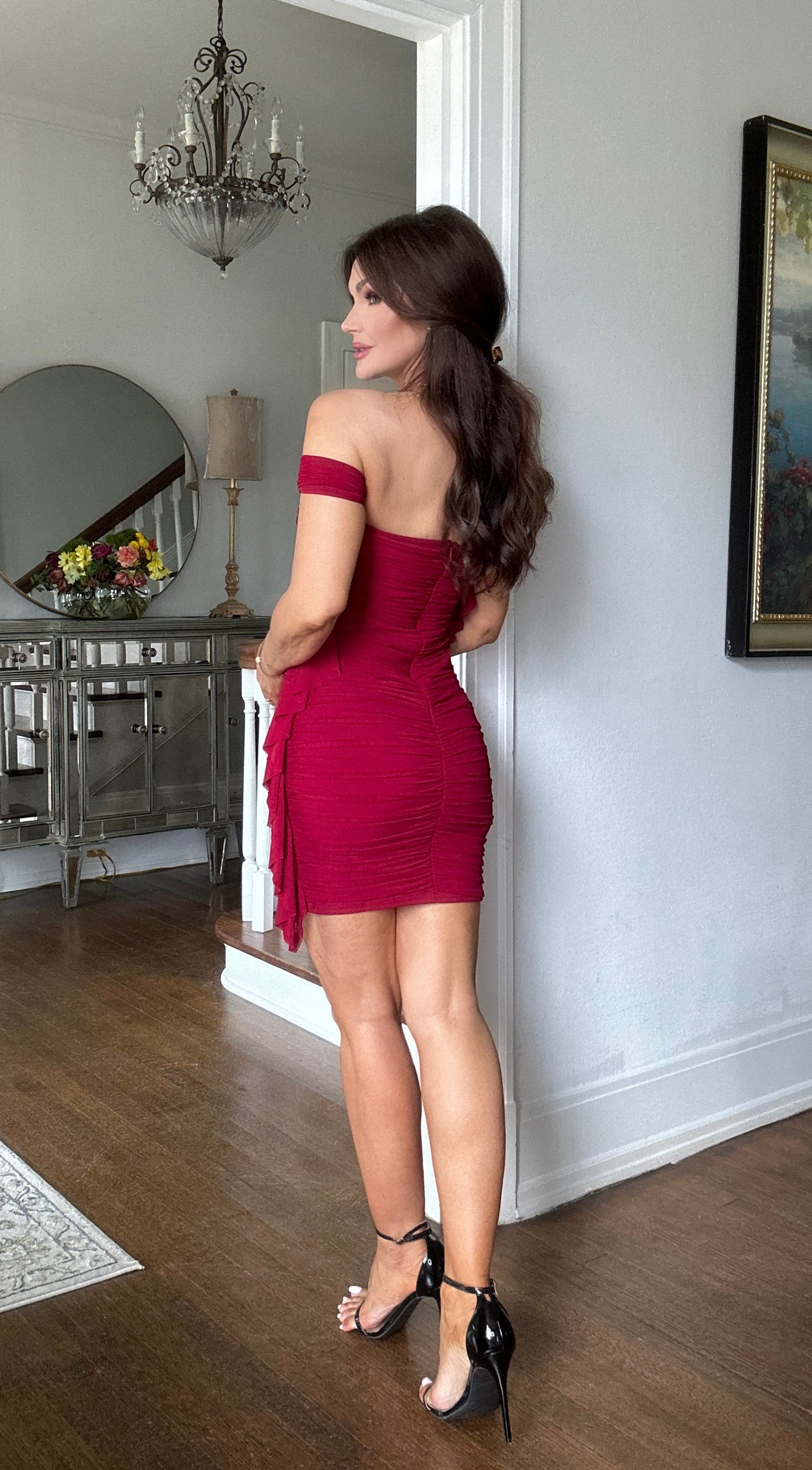 Bina burgundy mesh ruffle mini dress